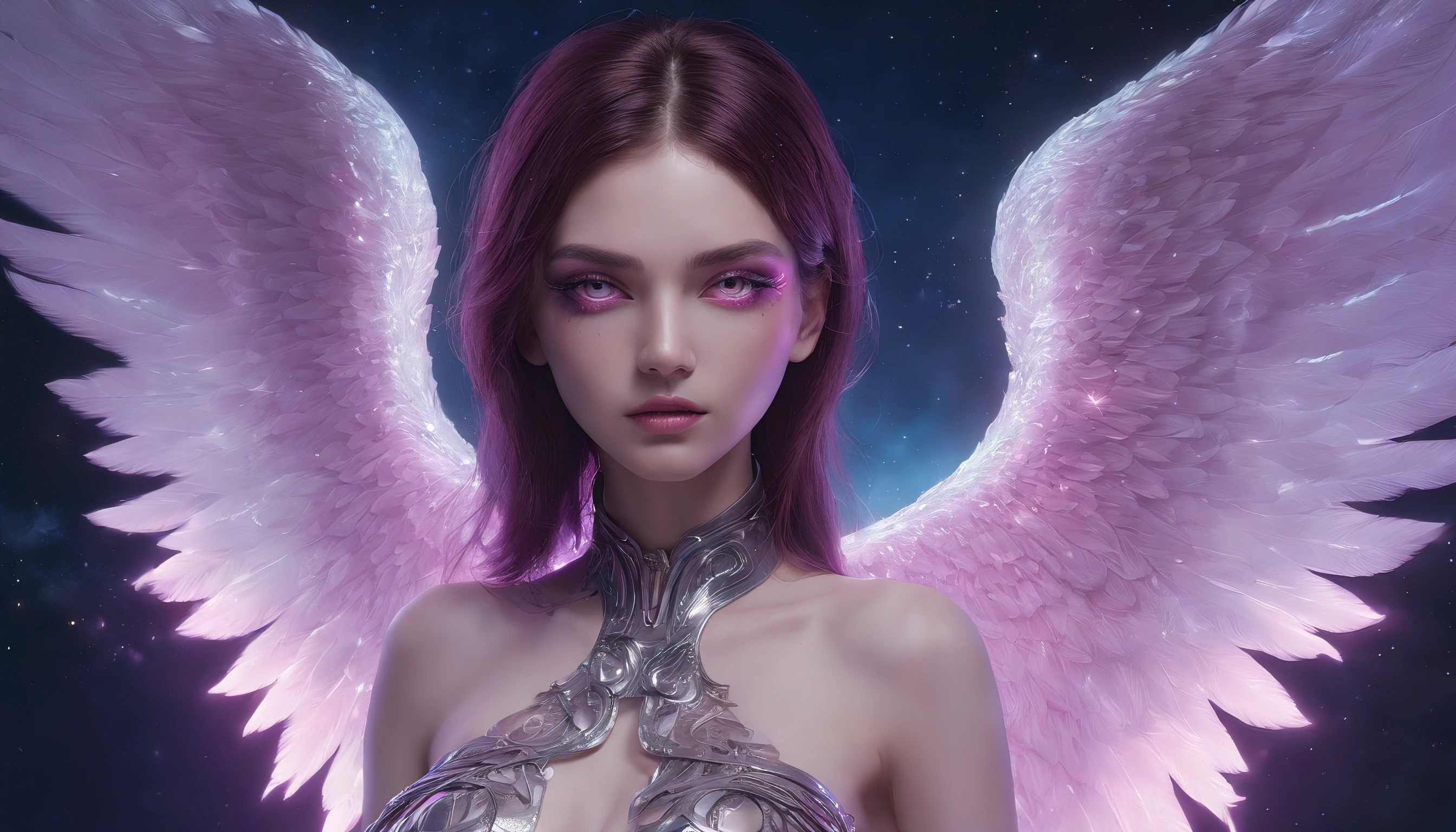 Cosmic Fallen Angel, glowing light eyes, Delicate and beautiful face,Bigchest,Biomechanical, eerie, Dream-like, Very bright colors, Light particles, with light glowing, Mshiv, wallpaper art, UHD wallpaper