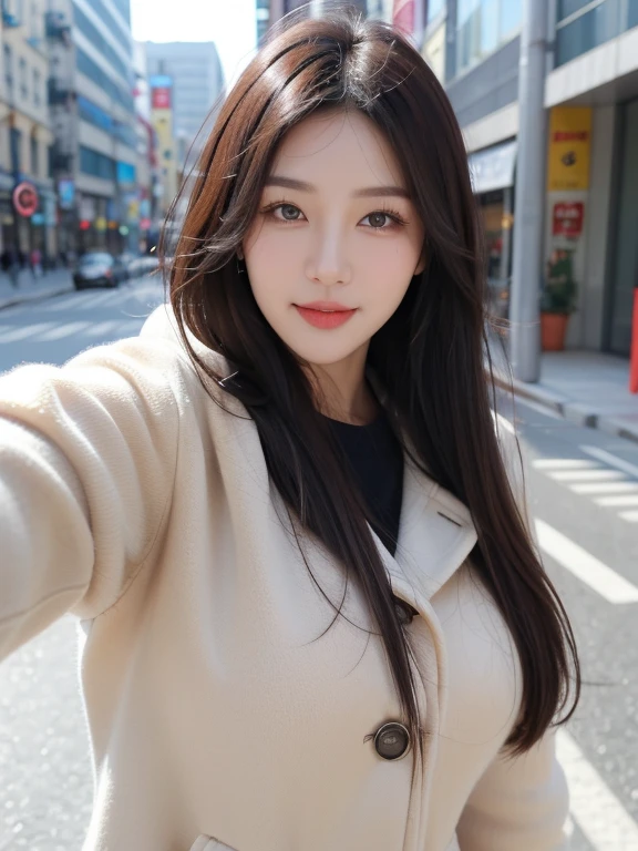 realistic, high resolution, 8k wallpapers, Complete dynamic configuration, Seoul City Background, beautiful detailed eyes, normal sized eyes, long straight hair, red hair vibrant lips, big bust, Random and plain generic poses, random case, thick winter parka, smile, 40 year old woman, Korean woman, (drooping eyes 1.2), (sagging eyebrows 1.2), very beautiful appearance, slim body, natural makeup, Selfie