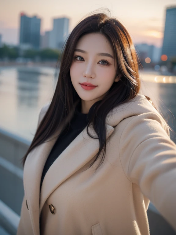 realistic, high resolution, 8k wallpapers, Complete dynamic configuration, Seoul City Background, beautiful detailed eyes, normal sized eyes, long straight hair, red hair vibrant lips, big bust, Random and plain generic poses, random case, thick winter parka, smile, 40 year old woman, Korean woman, (drooping eyes 1.2), (sagging eyebrows 1.2), very beautiful appearance, slim body, natural makeup, Selfie