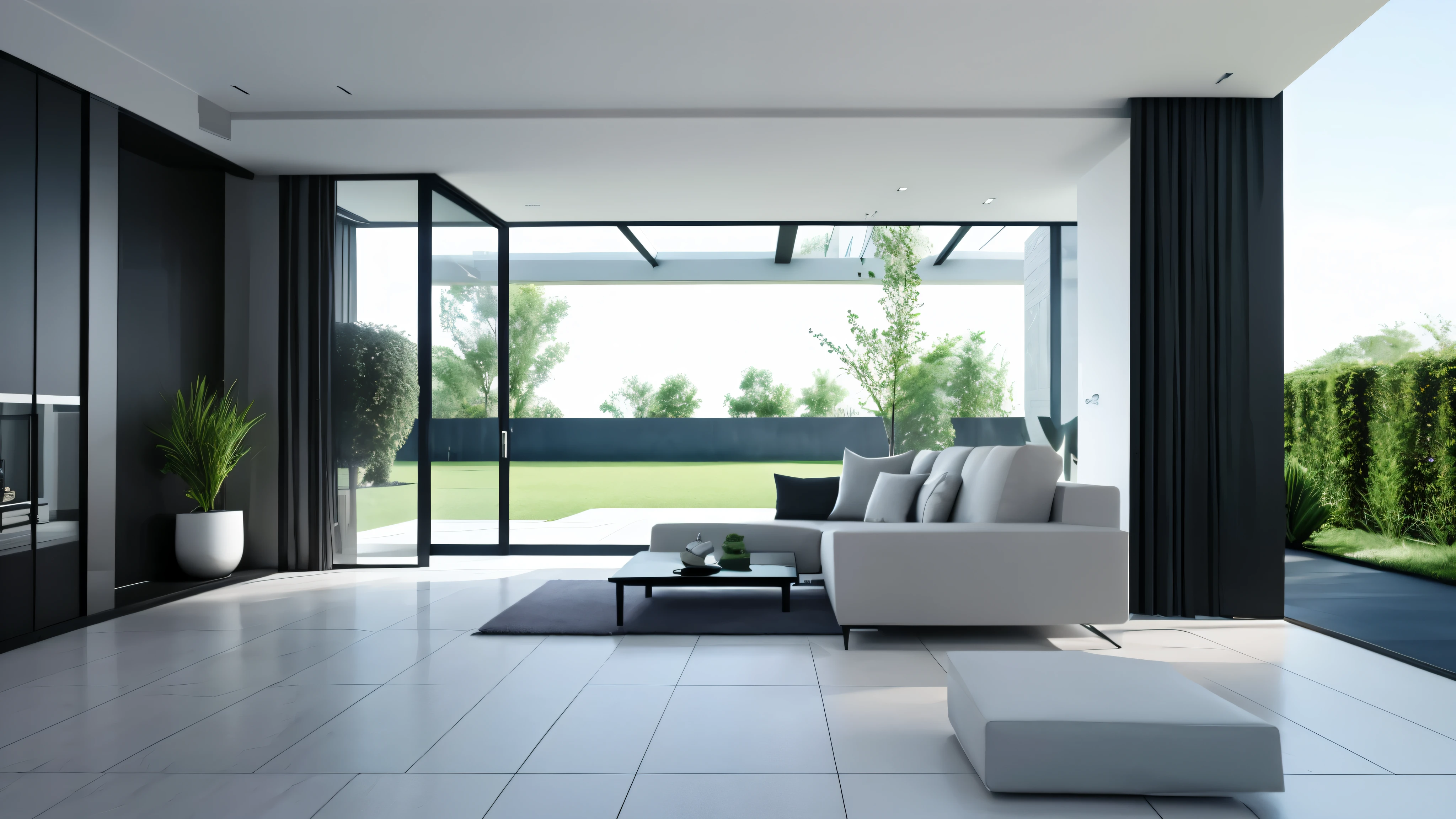You are a famous interior designer、You have been asked to create a 3D image of a modern large room. Create a harmonious environment with modern and minimalist furniture. Including garden interior.