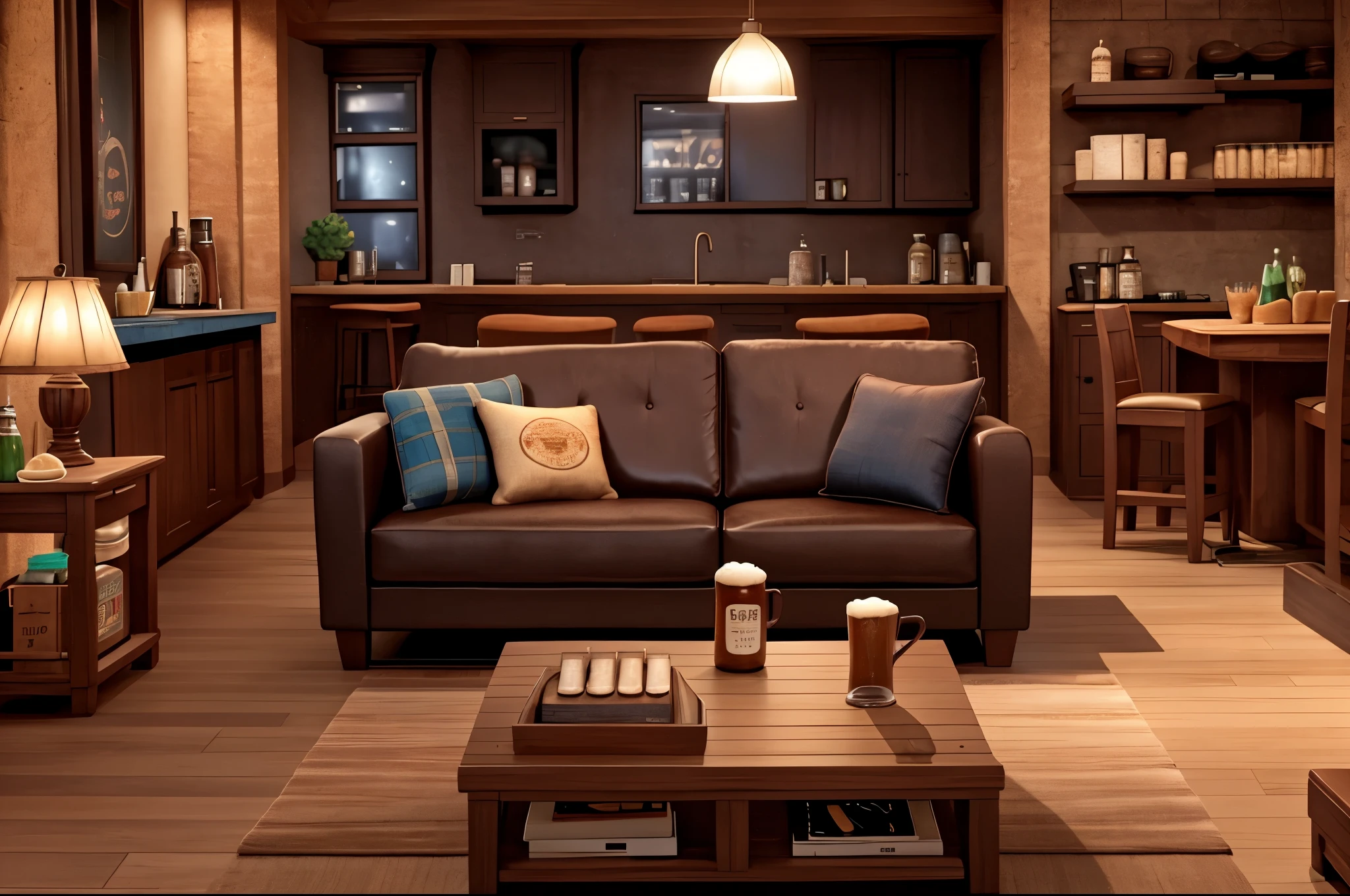 there's just one loveseat on the room, coffee table with beer bottles on it, night
