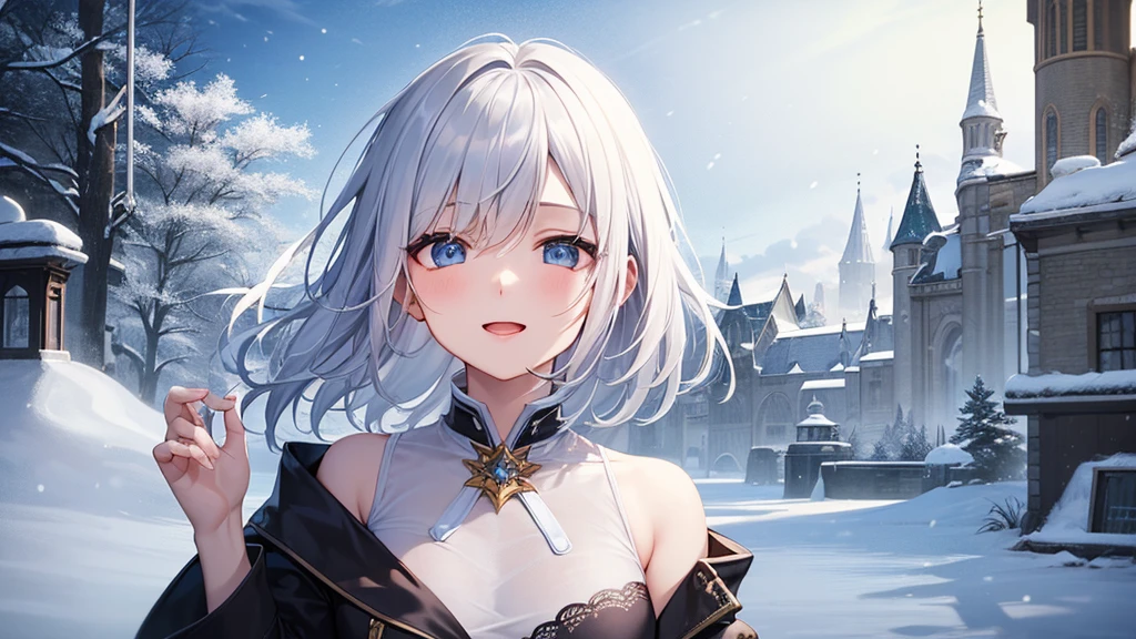 super high quality, with a girl, 20-year-old, とてもshort hair, long bangs between the eyes, pale blue eyes , blue sky, sunlight, very detailed,(masterpiece、highest quality)、alone、gray hair、laughter、White skin as clear as snow、fantasy, silver hair, black eye, beautiful eyes,, ecstasy, charm, be smitten with audience, short hair,fantasyな風景,