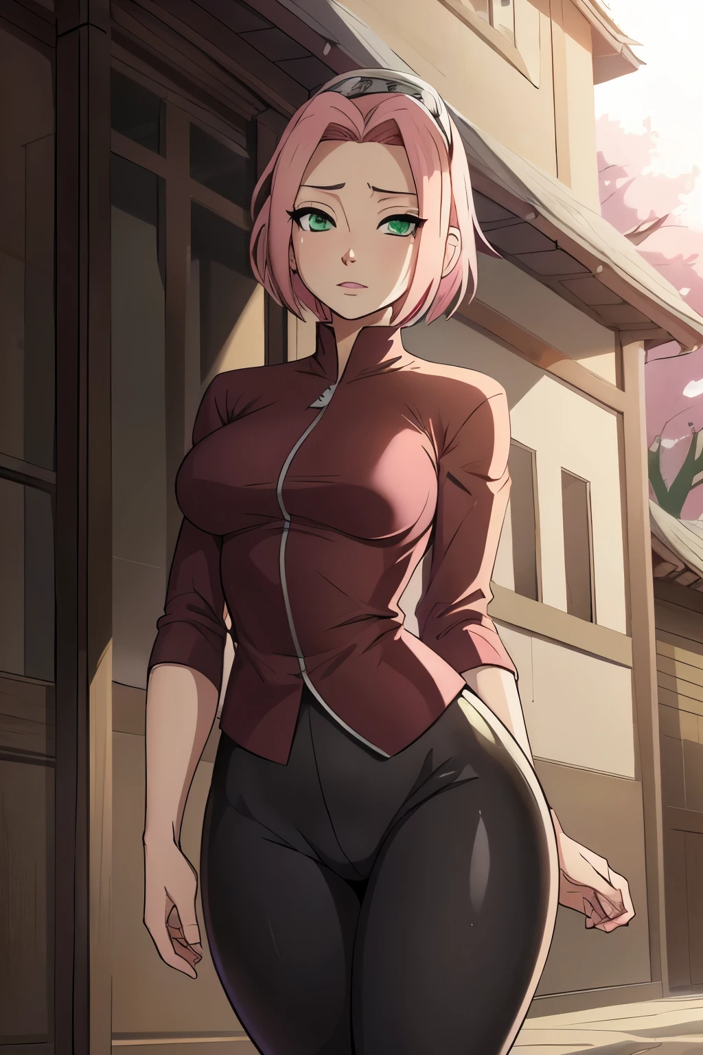 ((ultra quality)), ((masterpiece)), haruno sakuro, naruto, ((pink short hair)), (beautiful cute face), (beautiful female lips), charming, ((sexy facial expression)), looks at the camera, eyes slightly open, (skin color white), (blue skin), glare on the body, ((detailed beautiful female eyes)), ((green eyes)), (juicy female lips), (black eyeliner), (beautiful female hands), ((ideal female figure)), ideal female body, beautiful waist, gorgeous thighs, beautiful small breasts, ((subtle and beautiful)), stands temptingly (close up of face), (sakura haruno clothing, black tight shorts leggings, Hidden Leaf Village Shinobi Clothes) background: hidden leaf village, Naruto Shippuden, ((depth of field)), ((high quality clear image)), (clear details), ((high detail)), realistically, professional photo session, ((Clear Focus)), anime