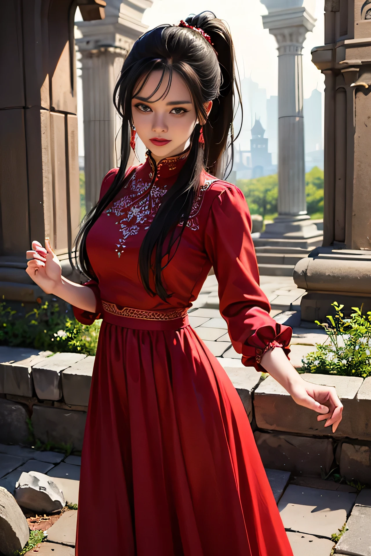 (skindentation:1.5), Realistic, Photorealistic, (masterpiece:1.5), concept art, intricate details, highly detailed, photorealistic, octane render, 8k, unreal engine, dynamic pose, best quality, highres, (realistic face:1.1), (hyperrealistic:1.1), (((full_body))), perfect eyes,(shiny skin:1.2), perfect hand, extremely detailed background, ((ancient ruin background)), ((1girl)), ((wearing red long silky dress)), ((detailed eyes, high quality eyes, high quality face)), long black hair, messy ponytail, dramatic, depth of field, bokeh, 4k, ancient ruin, dancer, (((dancing))), long sleeves, (((red long chiffon dress))), turtle neck, bride