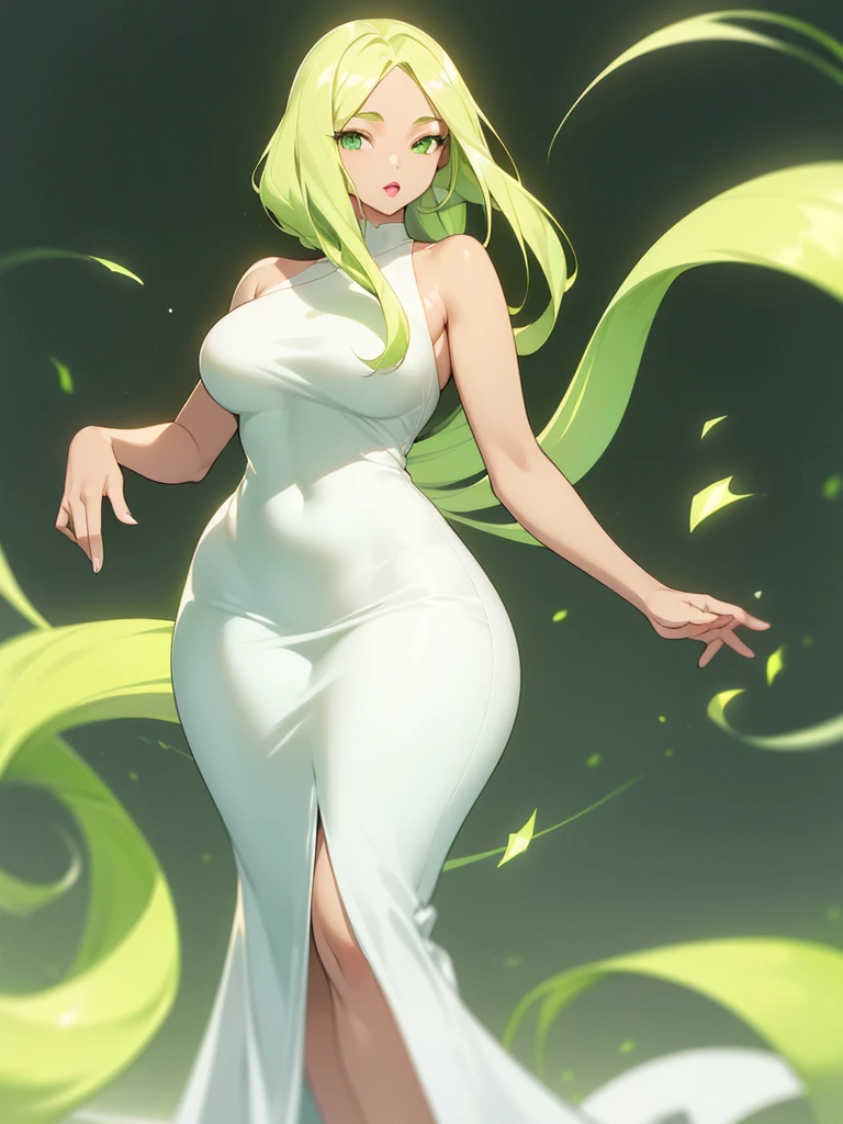 (((Light Skin Woman))),(((Light green, long hair without bangs))),(((curvy body))),(((Lime green eyes))),(((Alone))),(((beautiful dress))),(((Alone)))