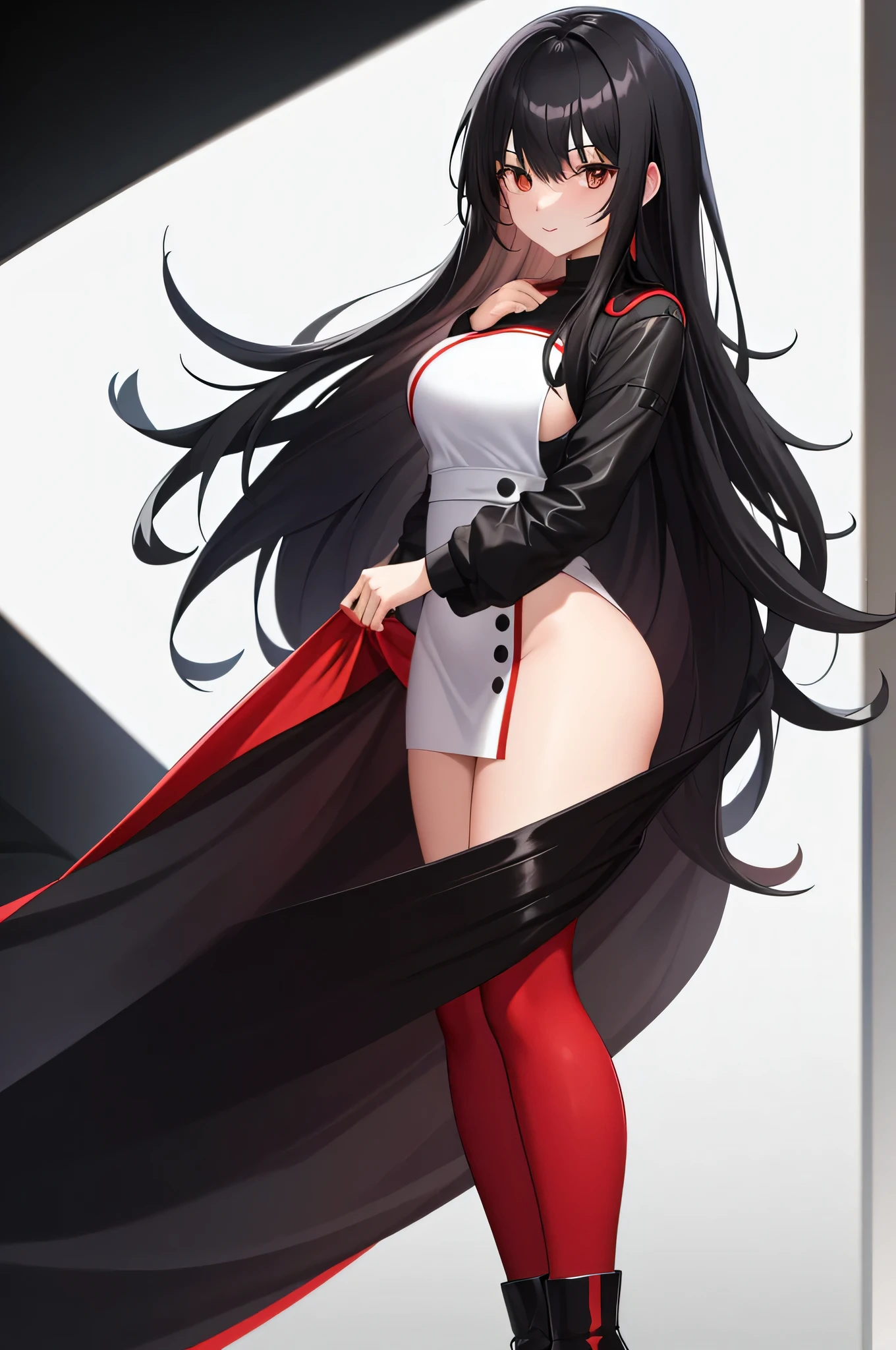 (best image quality, masterpiece:1.2), absolute resolution, high quality, one woman, break, (long black hair mixed with red:1. 1), brown eyes, big breasts,naked towel,body suit,