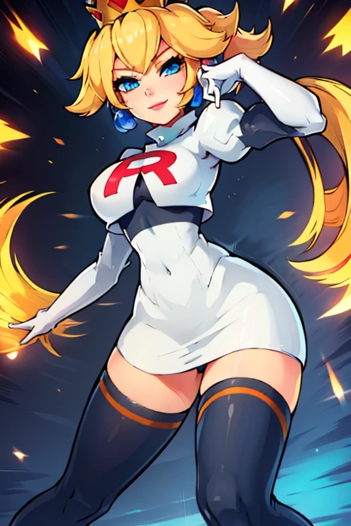 ((masterpiece,best quality)), Cosplay_TeamRocket, white jacket, cropped jacket, white skirt, elbow gloves, black thighhighs, zettai ryouiki, 1girl, princess peach, blonde hair, blue eyes, smile, long hair, crown, dress, gem, gloves, smile, tight suit, fighting suit, slightly muscular, big tits, sexy pose