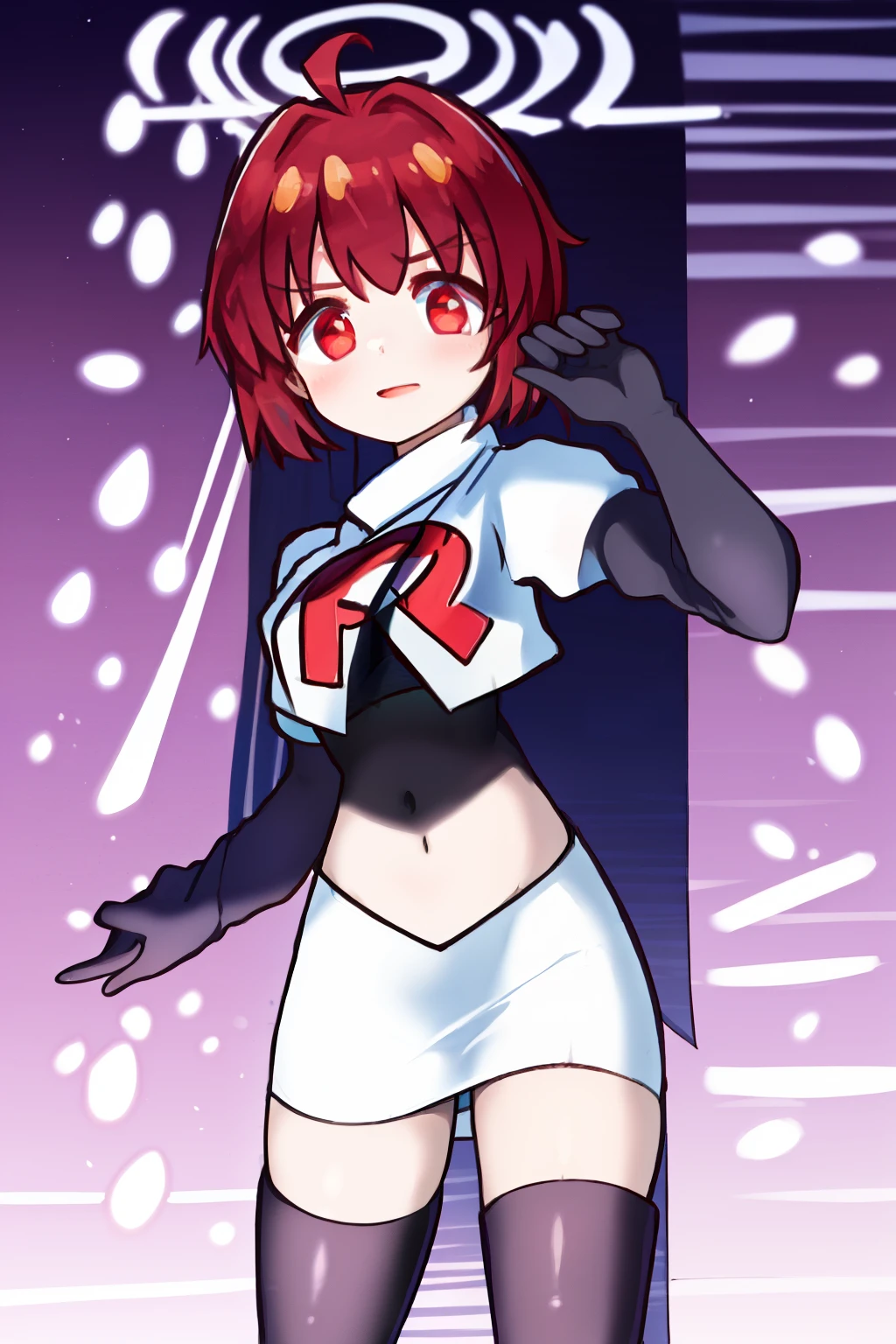 1girl, , red eyes,ahoge, team rocket,team rocket uniform, red letter R, white skirt,white crop top,black thigh-highs, black elbow gloves,
