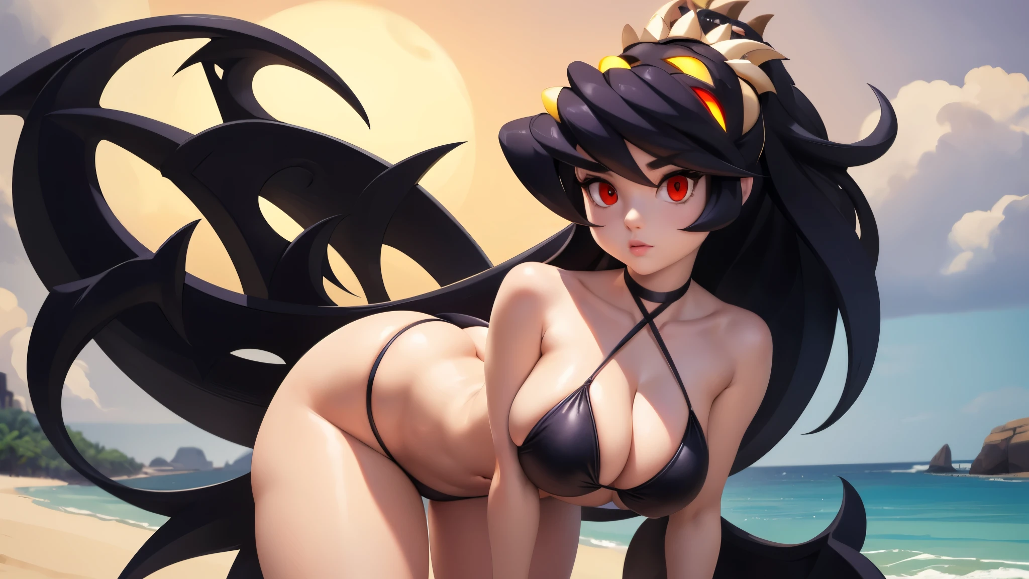 Filia, wearing a sexy black bikini, big breasts, wide hips, tiny waist, big thighs, big ass, long hair, detailed eyes, anatomically perfect body, long legs, feminine and beautiful hands, detailed image, detailed body, detailed hands, detailed background, beach, masterpiece, work of art