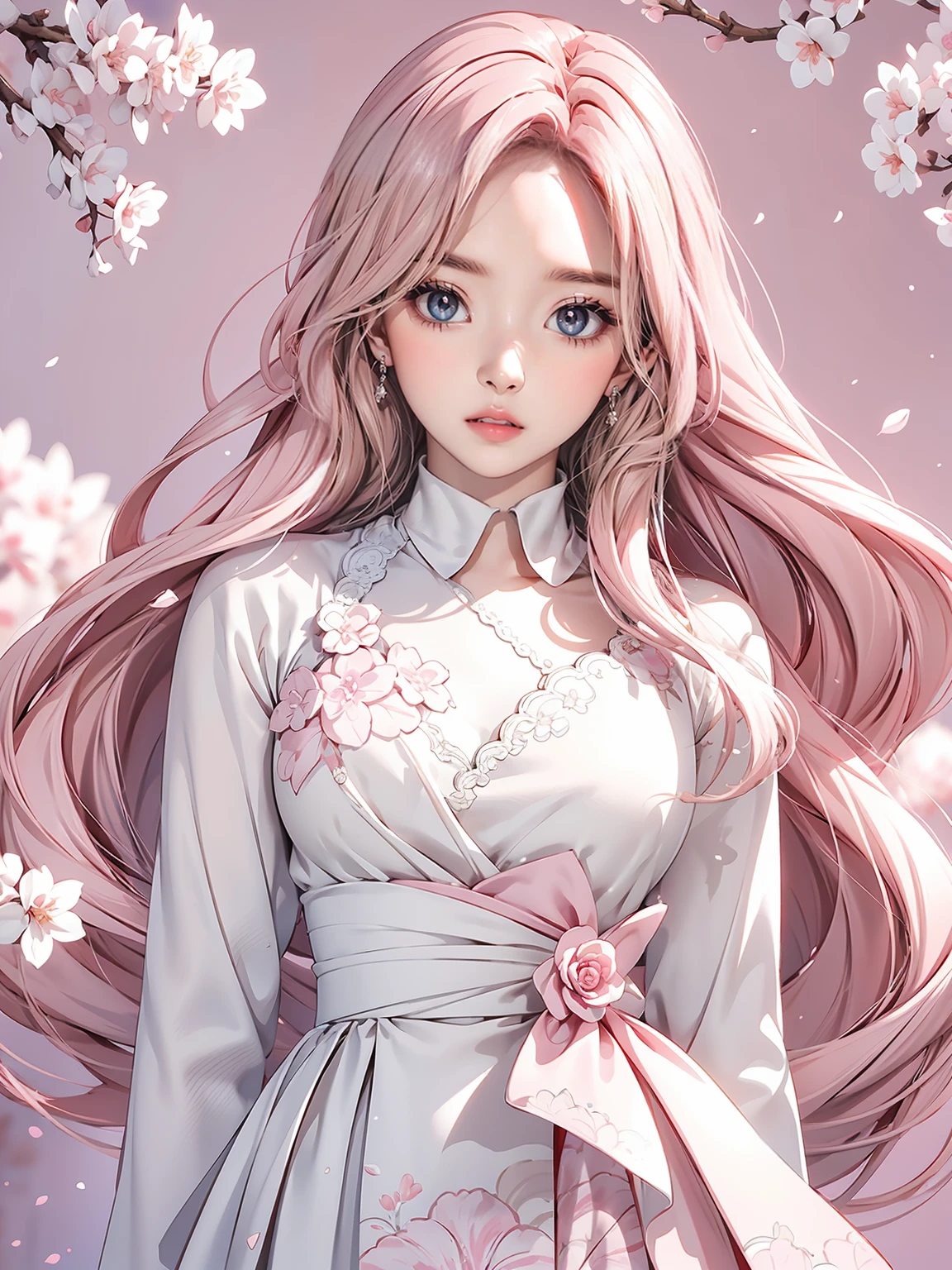 (masterpiece), (highest quality), (super detailed), ((masterpiece)) ((highest quality)) ((super detailed)), light pink hair, pink eyes, pink and white, cherry blossom leaves, Bright colors, white dress, paint splashes, background, ray tracing, long hair, wavy hair
