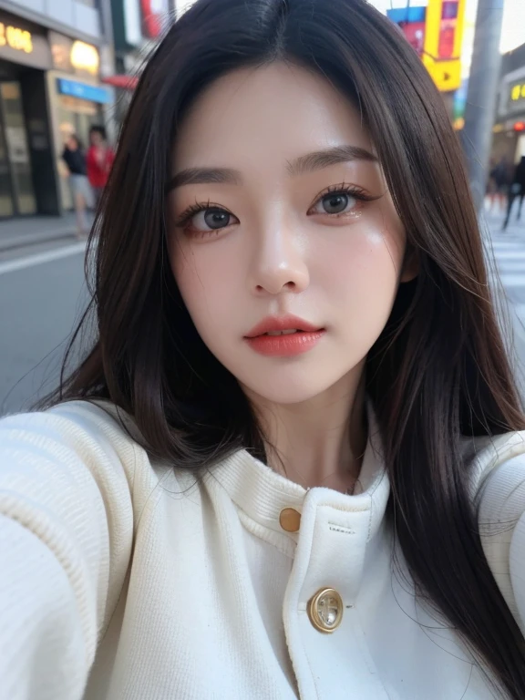 realistic, high resolution, 8k wallpapers, Complete dynamic configuration, Seoul City Background, beautiful detailed eyes, normal sized eyes, long straight hair, red hair vibrant lips, big bust, Random and plain generic poses, random case, thick winter parka, mischievous expression, 40 year old woman, Korean woman, (drooping eyes 1.2), (sagging eyebrows 1.2), very beautiful appearance, slim body, natural makeup, Selfie