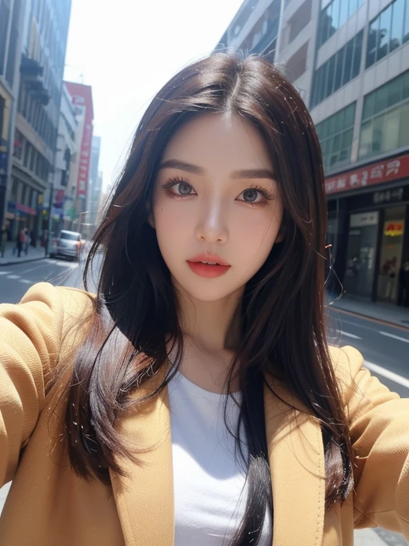 realistic, high resolution, 8k wallpapers, Complete dynamic configuration, Seoul City Background, beautiful detailed eyes, normal sized eyes, long straight hair, red hair vibrant lips, big bust, Random and plain generic poses, random case, thick winter parka, mischievous expression, 40 year old woman, Korean woman, (drooping eyes 1.2), (sagging eyebrows 1.2), very beautiful appearance, slim body, natural makeup, Selfie