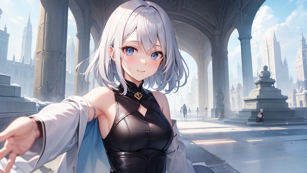 super high quality, with a girl, 20-year-old, とてもshort hair, long bangs between the eyes, pale blue eyes , blue sky, sunlight, very detailed,(masterpiece、highest quality)、alone、gray hair、laughter、White skin as clear as snow、fantasy, silver hair, black eye, beautiful eyes,smile, ecstasy, charm, be smitten with audience, short hair,fantasyな風景,