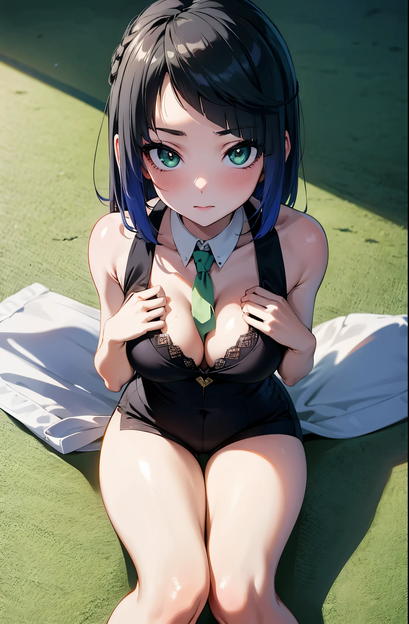 perfect body, sensual cleavage, medium breasts, feminine suit and tie, wearing Ultra HD tight shorts, 4k image, best image quality, (fidelity: 1.4), photoreal, light green eyes, eyelashes, beautiful pupil, shadows, light blush, delicate facial features, reasonable facial features, exposed waist, natural poses