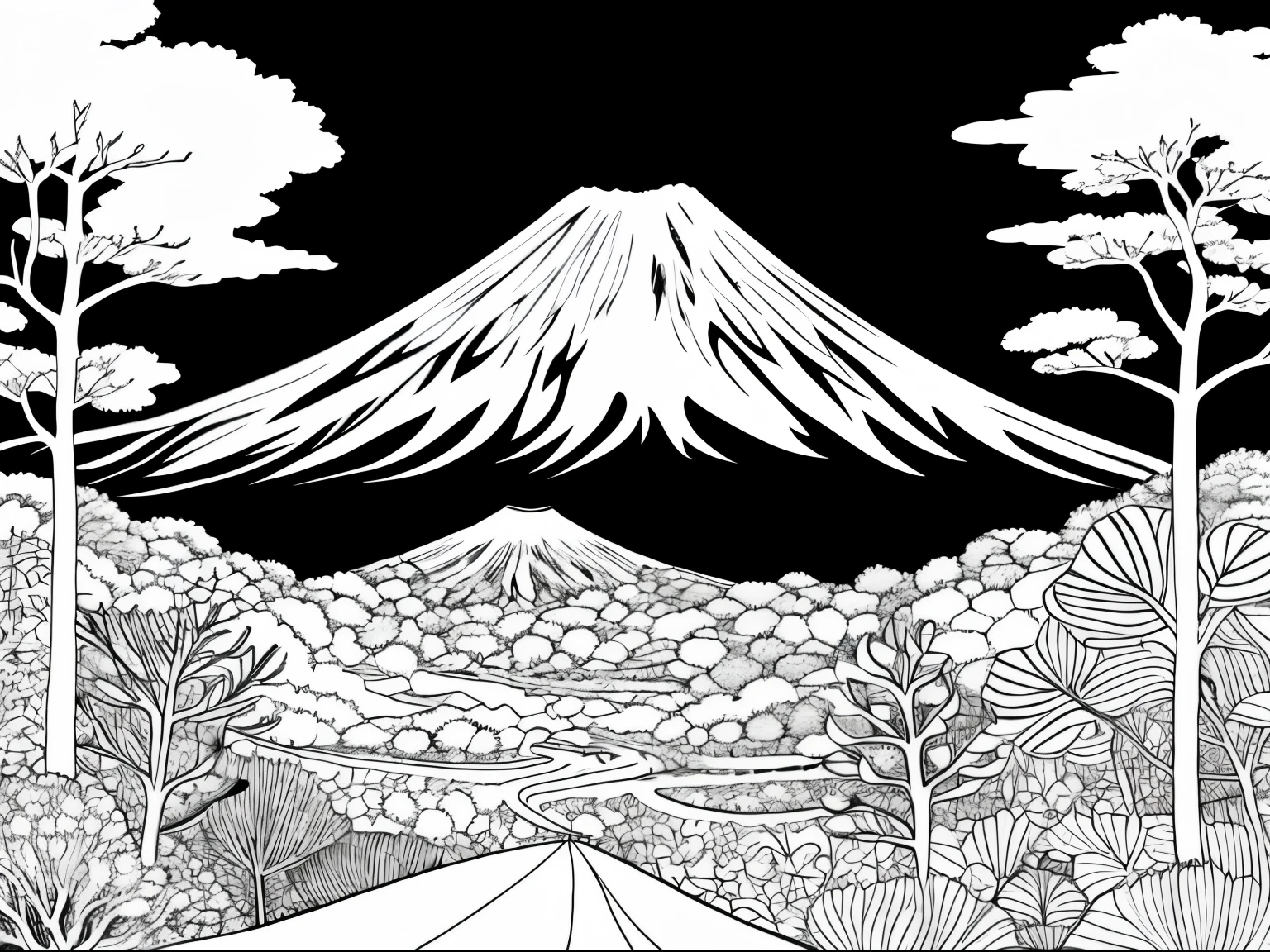 coloring book, connected lines, mount fuji, facing front, black and white, line work, floral borders, negative space, pattern, beautiful forest pattern background, ink fine line art stylized, vector, adobe illustrator, no shading or shadows on background