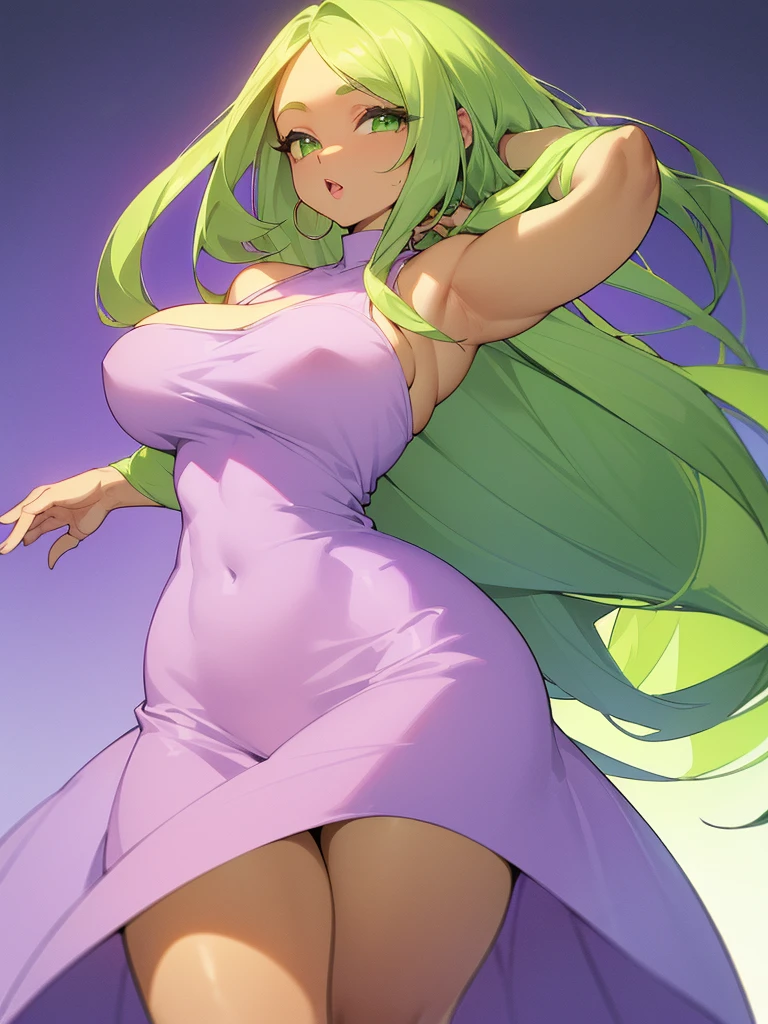 (((Light Skin Woman))),(((Light green, long hair without bangs))),(((curvy body))),(((Lime green eyes))),(((Alone))),(((Wearing a light purple dress)))