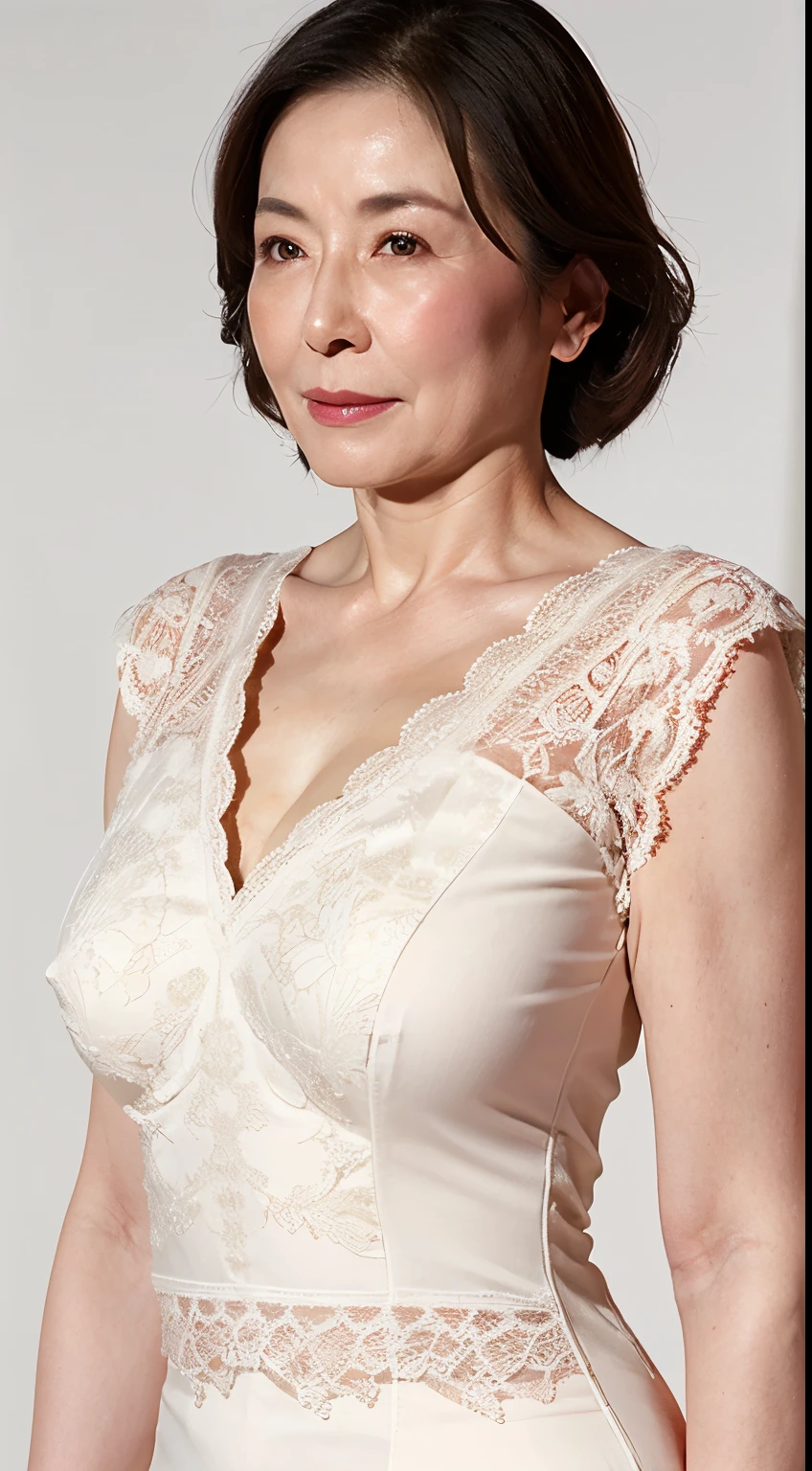 Vertical three-part structure, sharpen, solid color background, gravure, muste piece, highest quality, super detailed, realistic, super dense skin, perfect anatomy, (1 Japanese mature woman), (alone), 90 years old, big breasts, mature actress, Glamour, Sexy, pure white skin, looking at the viewer,