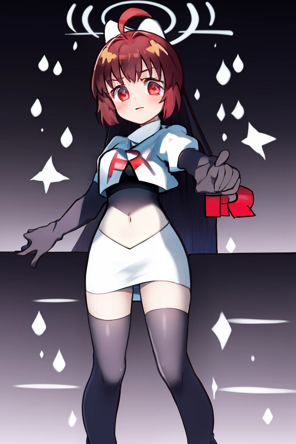 1girl, , red eyes,ahoge, team rocket,team rocket uniform, red letter R, white skirt,white crop top,black thigh-highs, black elbow gloves,