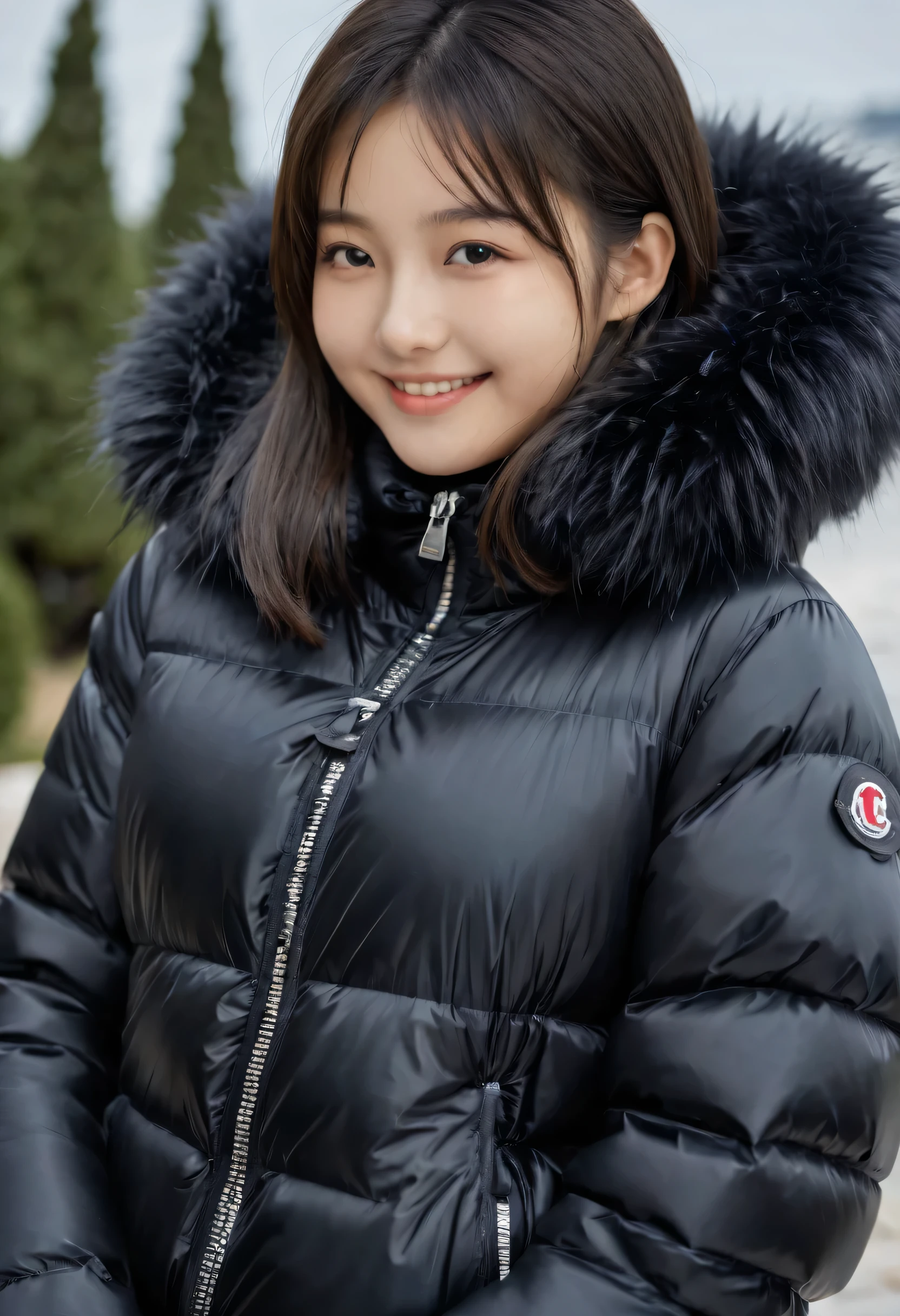 ((best quality)), ((masterpiece)), (detailed), perfect face, beautiful 16 year old Japanese woman, silk tight black moncler puffer coat, seductive, smiling, happy, pov, curvy figure, ((tight puffer coat)), fur hood, silk bra, large breasts, open coat