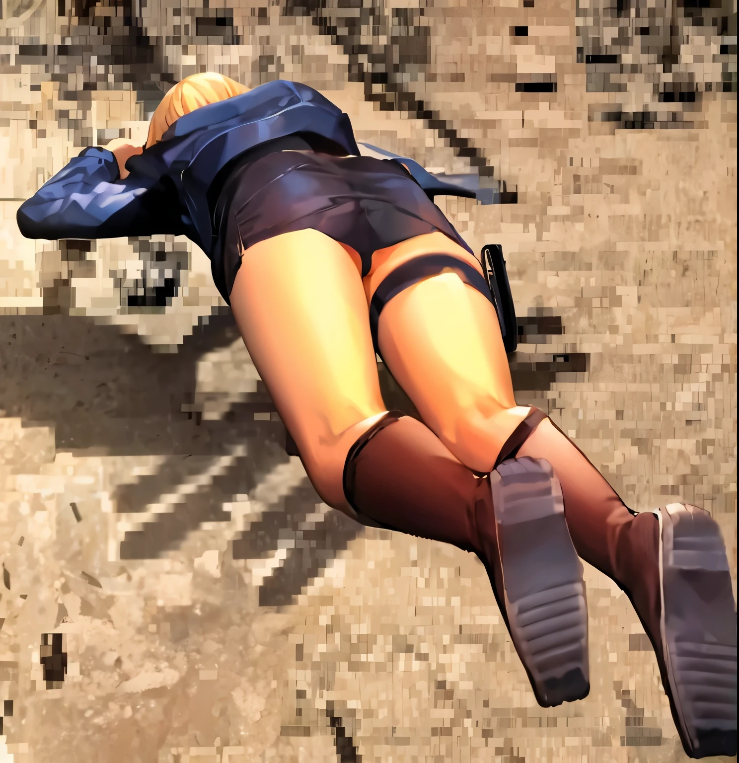 blonde，short hair，woman wearing short skirt and boots，Show your pants，blue jacket，(black one piece tight mini)，black socks，brown boots，((Sneak peek of socks))，((face down))，butt sticking out，(Prostrate)，bend your arms