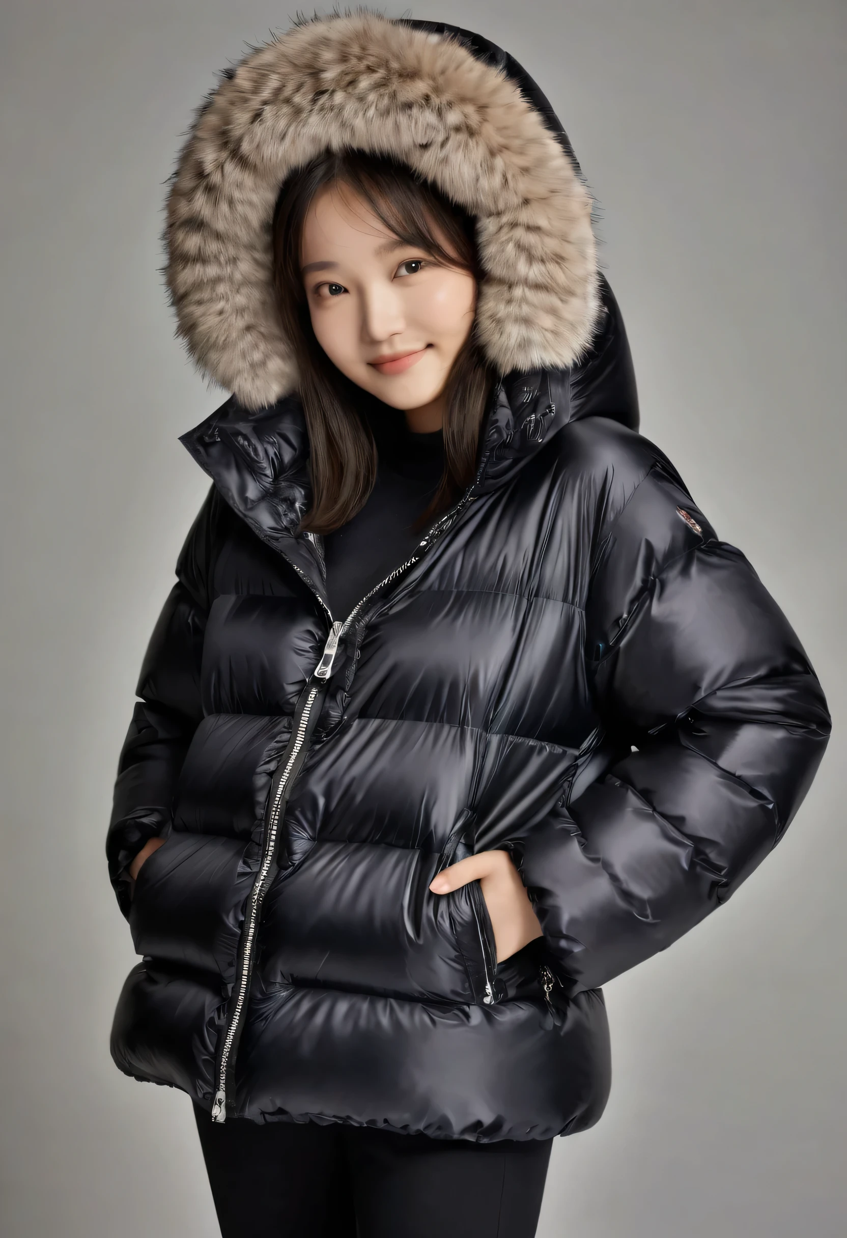 ((best quality)), ((masterpiece)), (detailed), perfect face, beautiful Japanese woman, silk tight black moncler puffer coat, seductive, smiling, happy, pov, curvy figure, ((tight puffer coat)), fur hood, silk bra, large breasts, open coat