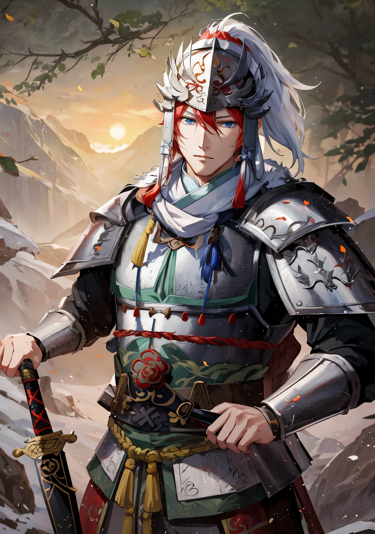 Anime character holding sword and armor in the mountains, zhao yun, 斩妖除魔艺术中的handsome guy, white and red helmet, armored warrior, 4k comic wallpaper, bian lian, armored warrior, taisho roma,Chinese warrior, author：Yang Jie, Inspired by Shen Zhou，blue eyes，中国general，Red hair，handsome guy，general，three kingdom