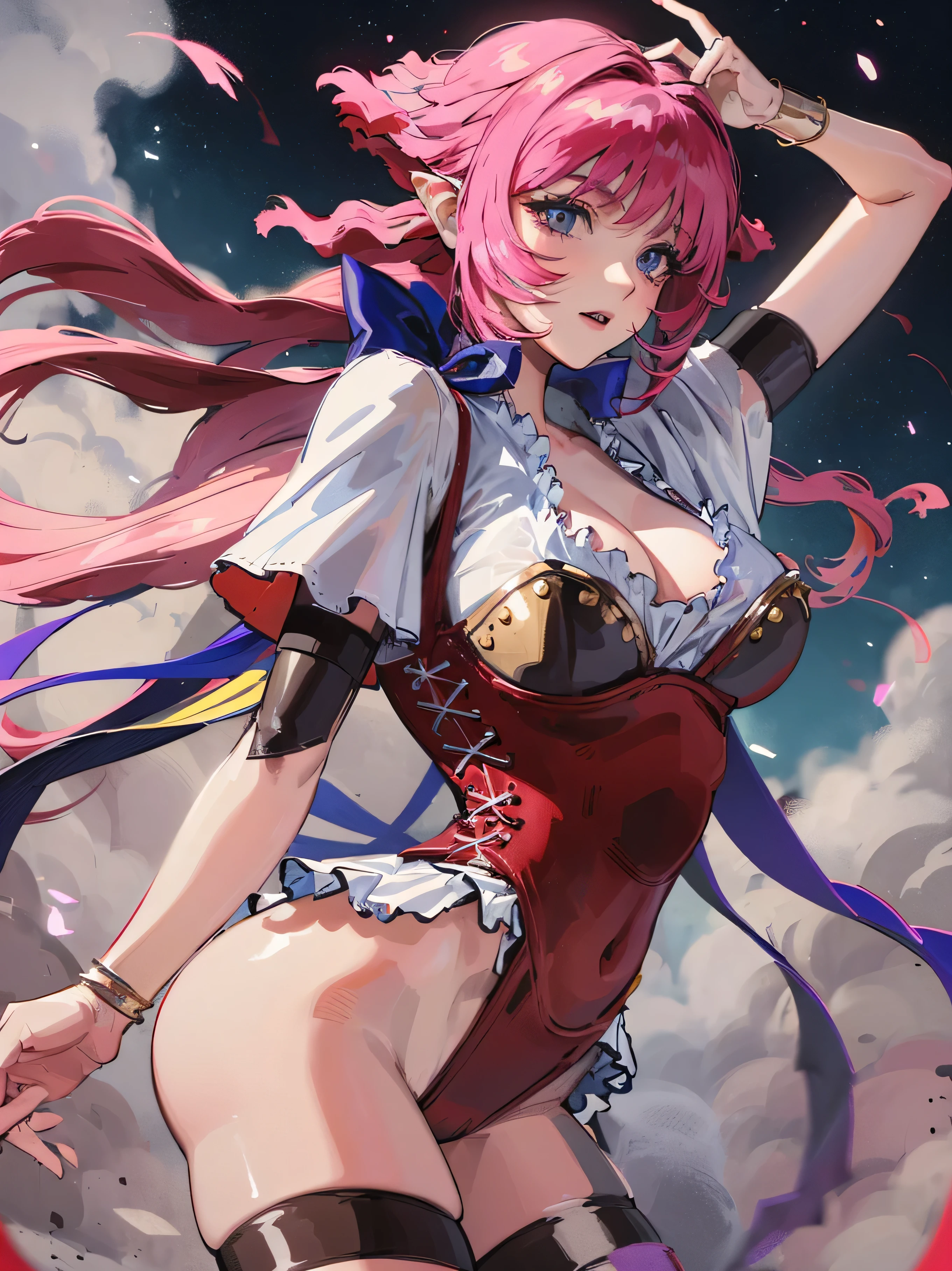 (best quality, masterpiece), young woman, pose, (only stockings:1.3)), (curvy), (take her breasts:1.3), (large breasts:1.article, wind, flower, upper body, background, looking at viewer, long curly windblown white hair, purple eyes, galaxy, backlit, rimlight, beautiful artwork, perfect composition