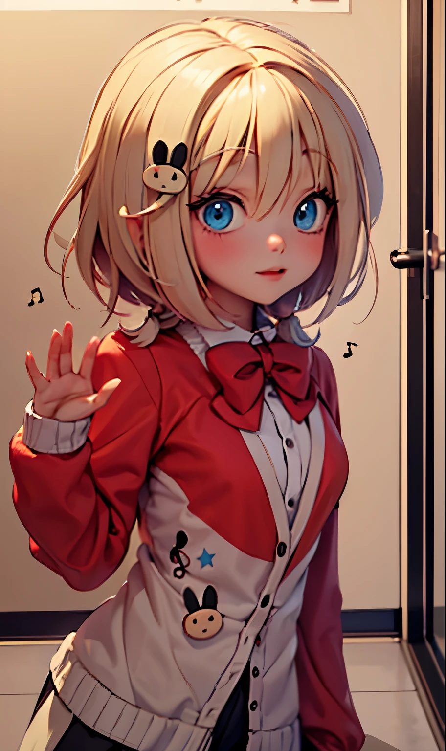 Transform to 3d character anime,girl with yellow short hair, wearing red jacket, classroom background 