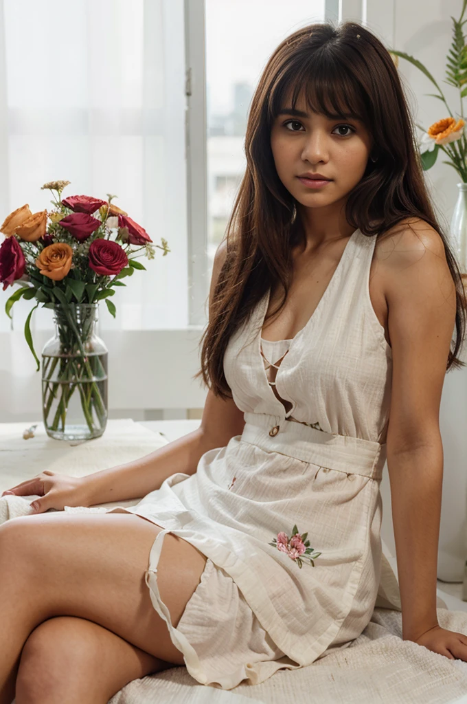 realistic half body portrait of a 20-year-old pakistani girl sitting on a white box next to a vase with flowers, hair bangs, sleeveless maroon kaftan , solid brown background, studio portrait, bokeh, skin texture, hair texture, slim, raw image, side light, light and shadow, orange fuji color tone, looking at the camera, different pose, exact same dress, portrait shot, classic portrait, portrait pose