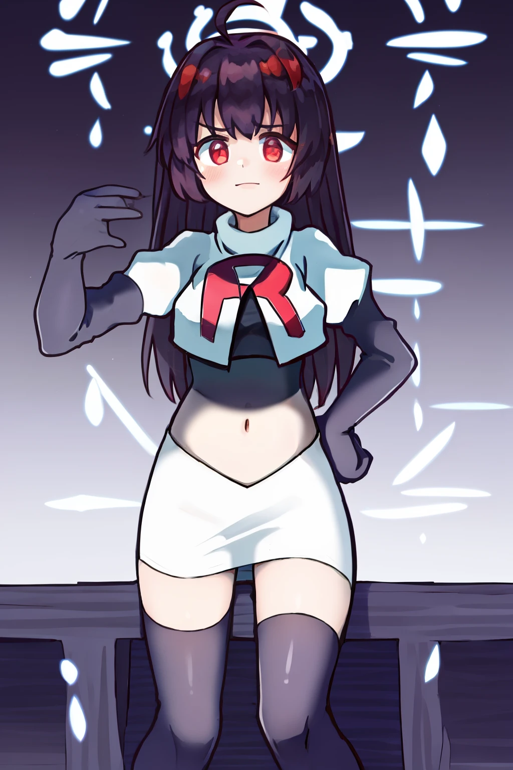 1girl, , red eyes,ahoge, team rocket,team rocket uniform, red letter R, white skirt,white crop top,black thigh-highs, black elbow gloves,