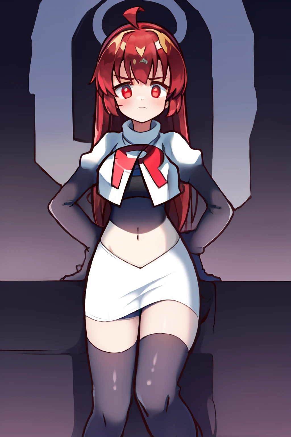 1girl, , red eyes,ahoge, team rocket,team rocket uniform, red letter R, white skirt,white crop top,black thigh-highs, black elbow gloves,