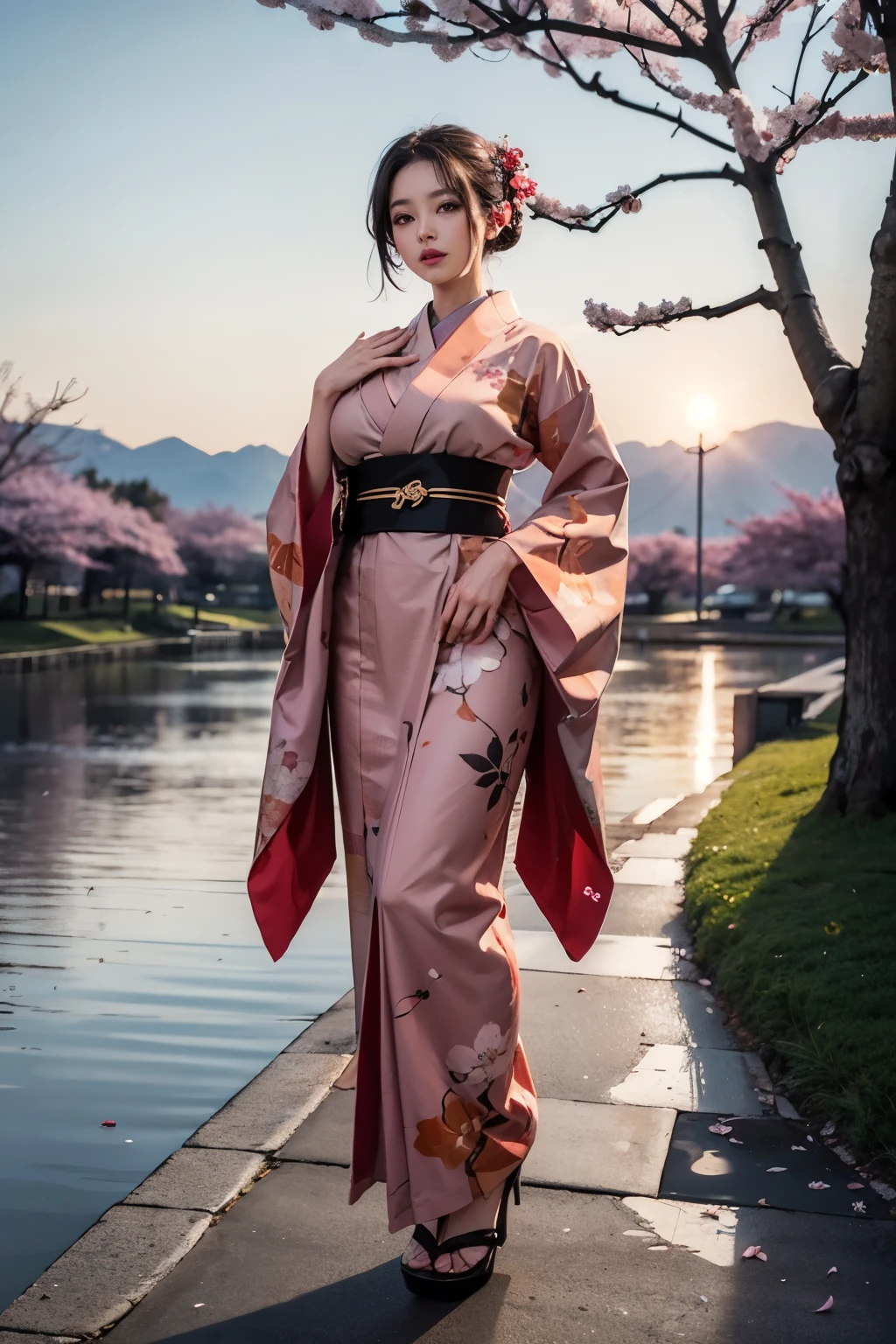 A woman dressed in a kimono stands beneath blooming cherry blossoms, while the sunset sky is painted with shades of orange and red, beautiful woman with big breast, fullbody picture