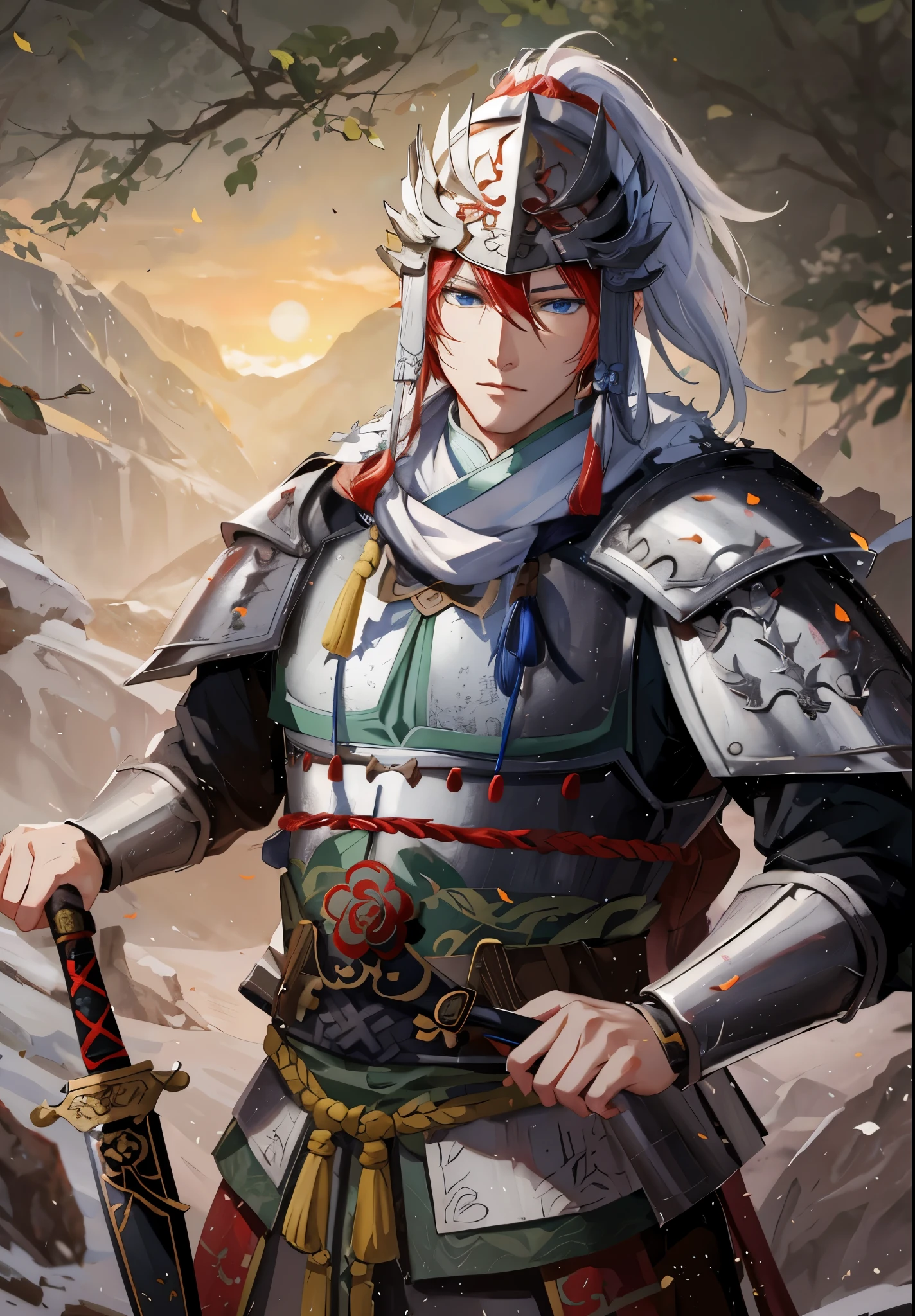 Anime character holding sword and armor in the mountains, zhao yun, 斩妖除魔艺术中的handsome guy, white and red helmet, armored warrior, 4k comic wallpaper, bian lian, armored warrior, taisho roma,Chinese warrior, author：Yang Jie, Inspired by Shen Zhou，blue eyes，中国general，Red hair，handsome guy，general，three kingdom