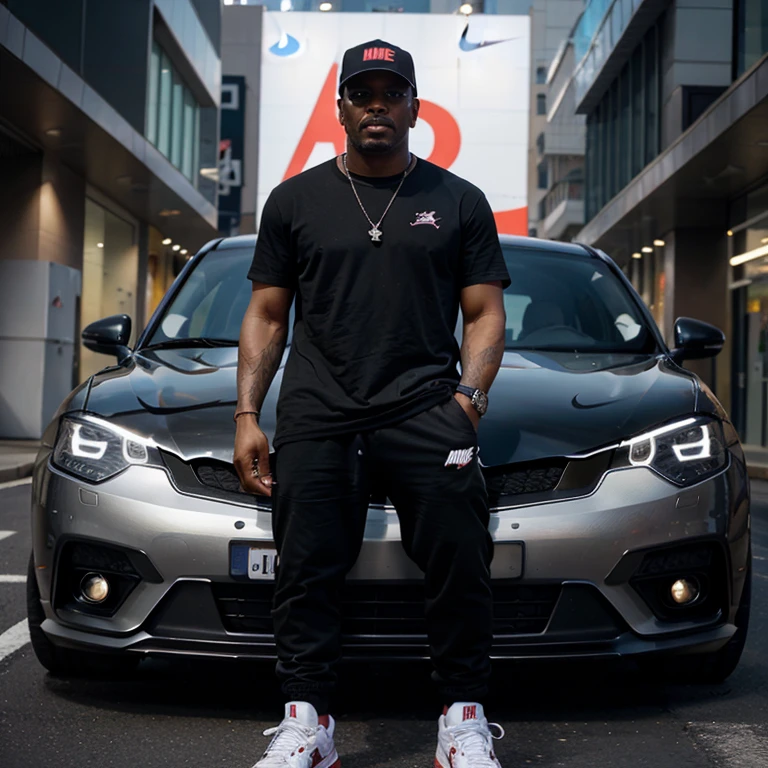 Hombre negro sentado arriba de un auto con zapatos Nike Air Jordan 