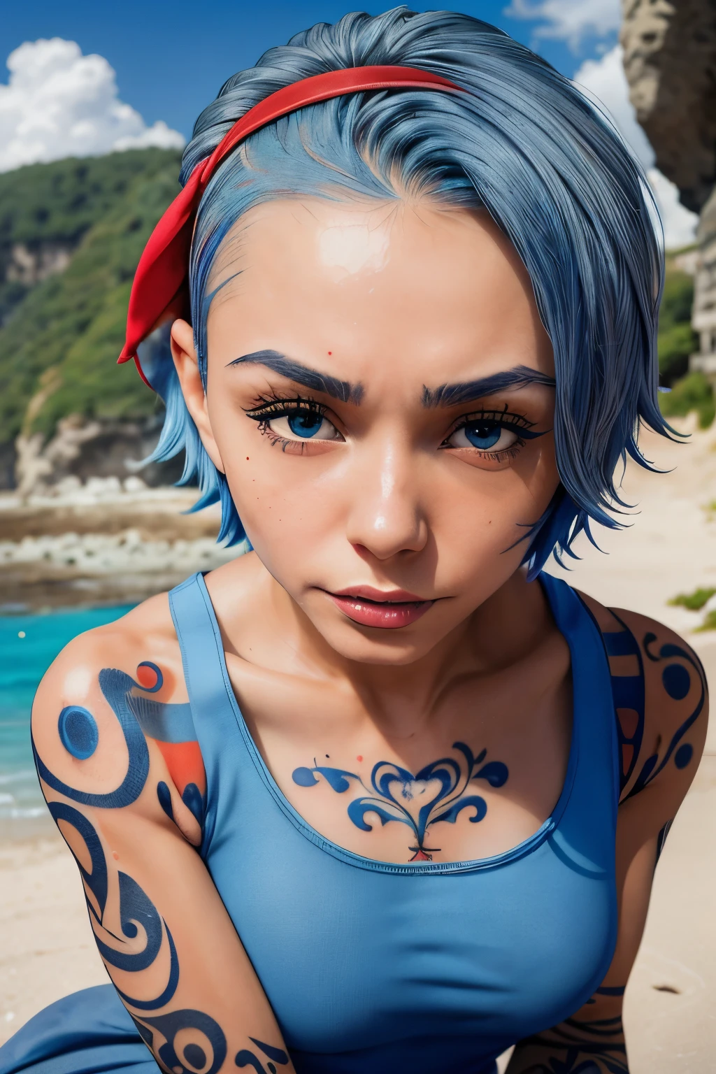 ((headshot)), (masterpiece, best quality), nojiko, (short blue hair), (red, hairband), (tank top), big breast, sitting at rock nearby beach, outdoor, blue sky, cloud day, day, (tattoo), expression of feelings, imaginative, highly detailed, detailed pupils, detailed face, detailed eyes