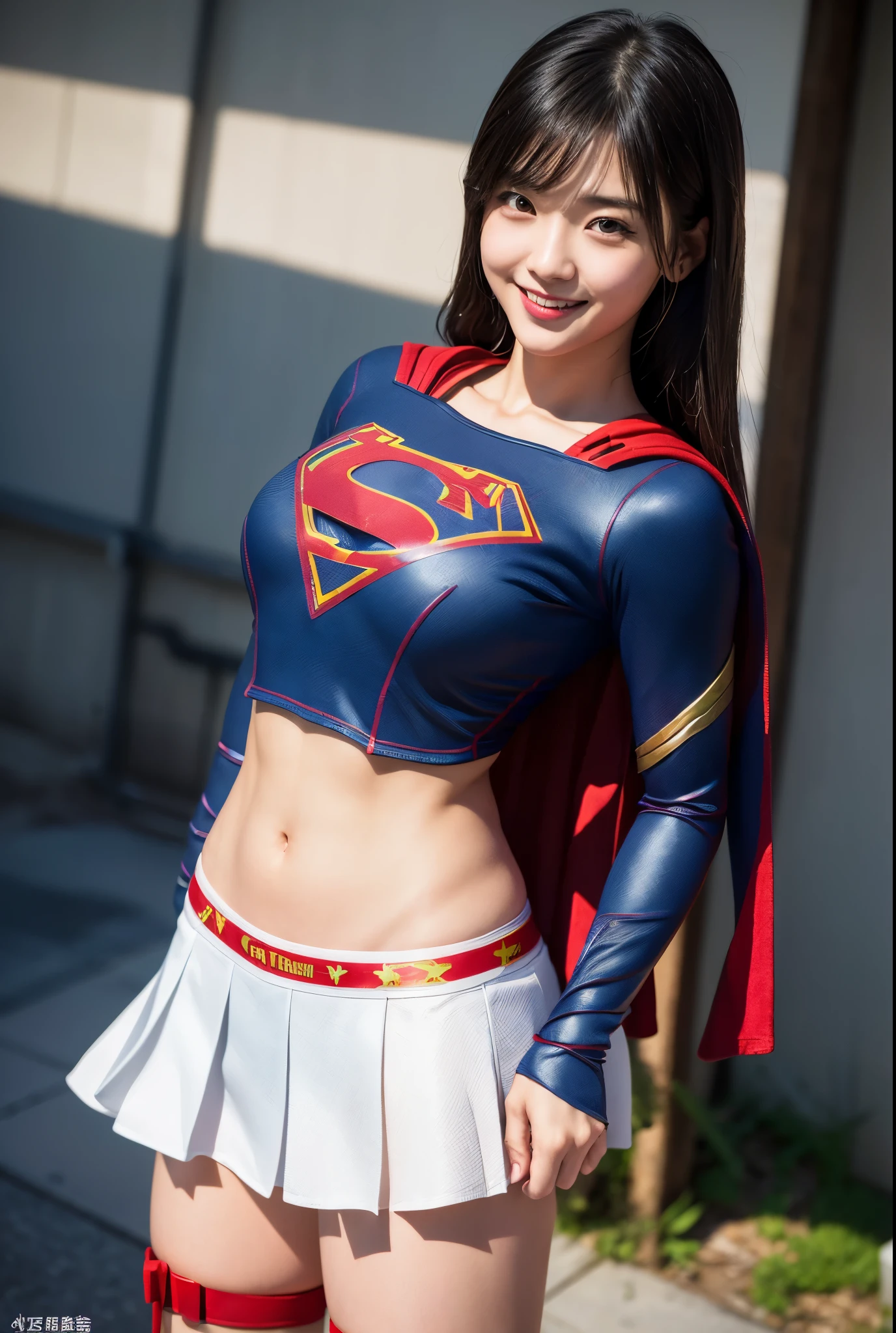 adorable, japanese girl, ************, (Supergirl costumes:1.2),shortcut、Plump thighs, big breasts、Chirarism、Thin belly、abs、smile、(非常にbe familiar withな肌), (highest quality:1.0), (realistic:1.0), (8K, RAW photo:1.1), (8k非常にbe familiar withなCGユニットの壁紙), (highest quality), (best illustrations), (best shadow), (be familiar with: 1.4), 3D, HDR (high dynamic range), ray tracing, NVIDIA RTX, super resolution, Scattered beneath the surface, PBR texture, Post-processing, anisotropic filtering, written boundary depth, maximum sharpness and acutance, multilayer texture, Albedo and highlight mapping, surface shading, Accurate simulation of light-matter interactions, perfect proportions, octane rendering, surreal、Photographed with Canon EOS R5、50mm lens、f / 2.8