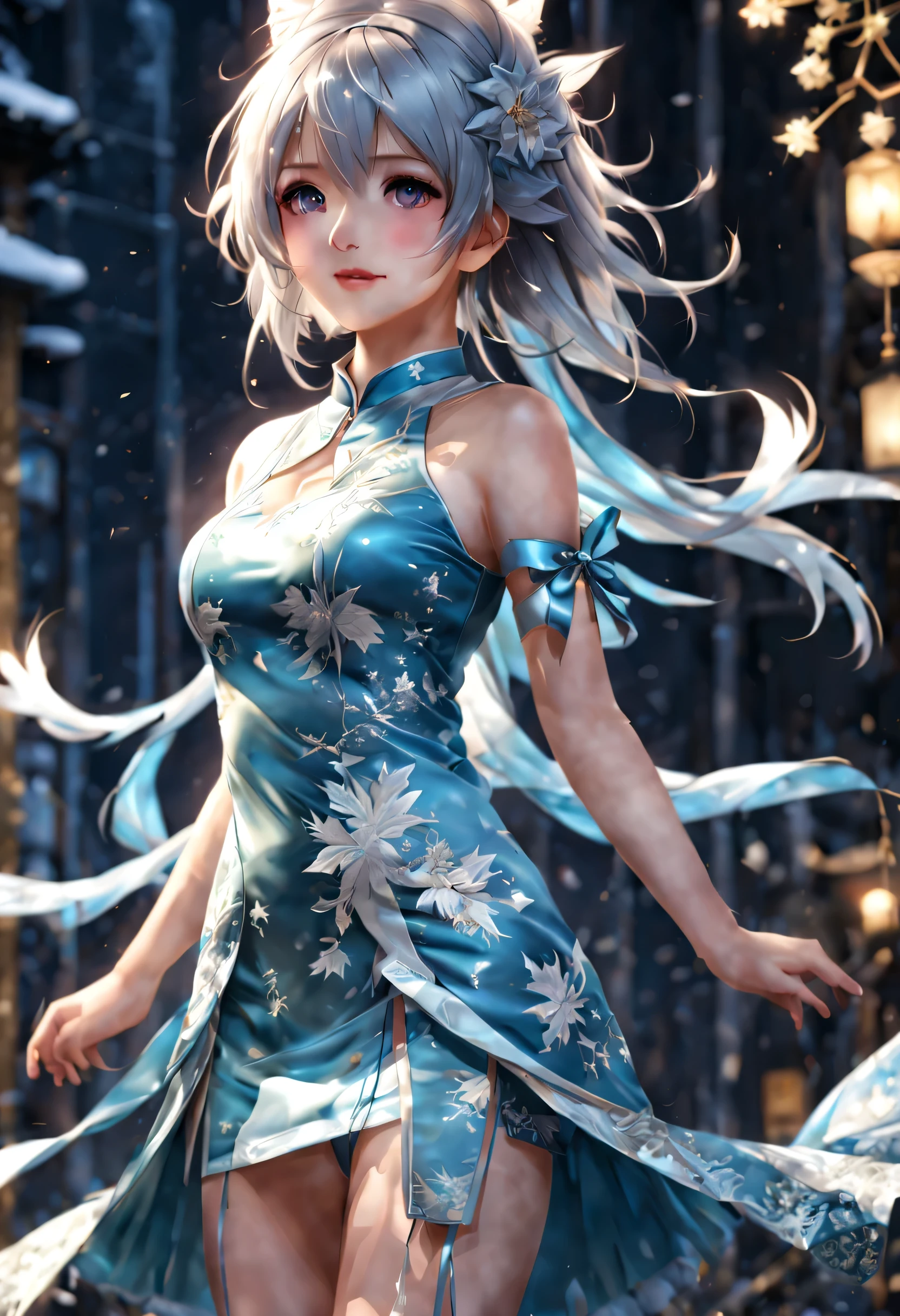 （masterpiece,best quality,official art, Extremely detailed CG unified 8k wallpaper,ridiculous,8K resolution,yukivo,There are moles under the eyes,Color contact lenses,cat's mouth,Awkward,long hair,silver hair,hair behind ears,ribbontrim,(cheongsam:1.4),(transparent clothes:1.2),Lace tights,Socks hanging,Ice crystal texture,Look in the mirror,skirt lift,In winter,snowflake,Chinese Valentine&#39;s Day,Cinema lighting）
