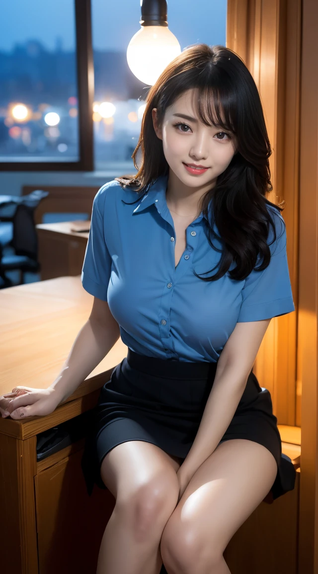 オフィスレディ、OL、sexy,formal,bank,(((乳首ポチ、乳首のふくらみ)))、(((full body,including legs)))、Dressed up、(Photo real:1.4)、(A hyper-realistic:1.4)、(Photorealistic:1.3)、 (gentle lighting: 1.05)、(Improve the lighting quality of your video:0.9)、32 k、 1Girl、20 years old girl、photorealistic lighting、Back lighting、Facial Lights、Ray Trace、(bright:1.2)、(Increase quality:1.4)、 (best quality real texture skin)、Fair eyes,Delicate and delicate face、 (tired and sleepy and satisfied : 0.0), Close-up of the face, blue shirt,very tight shirt ,transparent small nipples,perfect nipples,mini skirt , (Bodyline mood improvement:1.1)、Glossy skin、wavy hair,pornostar、韓国アイドル、乃木坂アイドル、Sculptural Idol Pose、little smile,blush,Beautiful actress、Neat woman,whole body, and spread the legs apart, small breasts,(perfect row of teeth),slender waist and hip,beautiful long legs,(full shot)、((8heads tall)、(((誘惑している、恥ずかしい)))、(eyeliner),(eye shadow),(((red cheek))),(red lips),Super Clean Night View、night time、blush,little smile,(((full shot)))、a little open the legs apart、sitting down on the desk,(((in the luxury night office)))