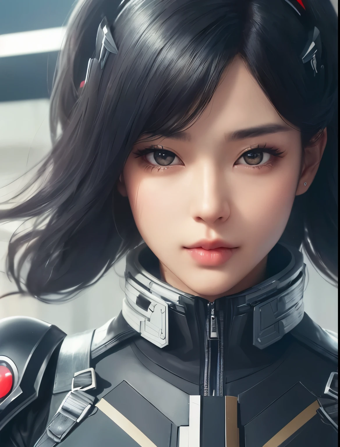 A beautiful woman is looking directly at the camera. She has black hair and grows it long. Beautiful double eyes. The bridge of my nose. Good-shaped, thick lips. She is wearing black combat uniform. On his waist is something reminiscent of Kamen Rider's transformation belt. A small black spaceship floats behind her.