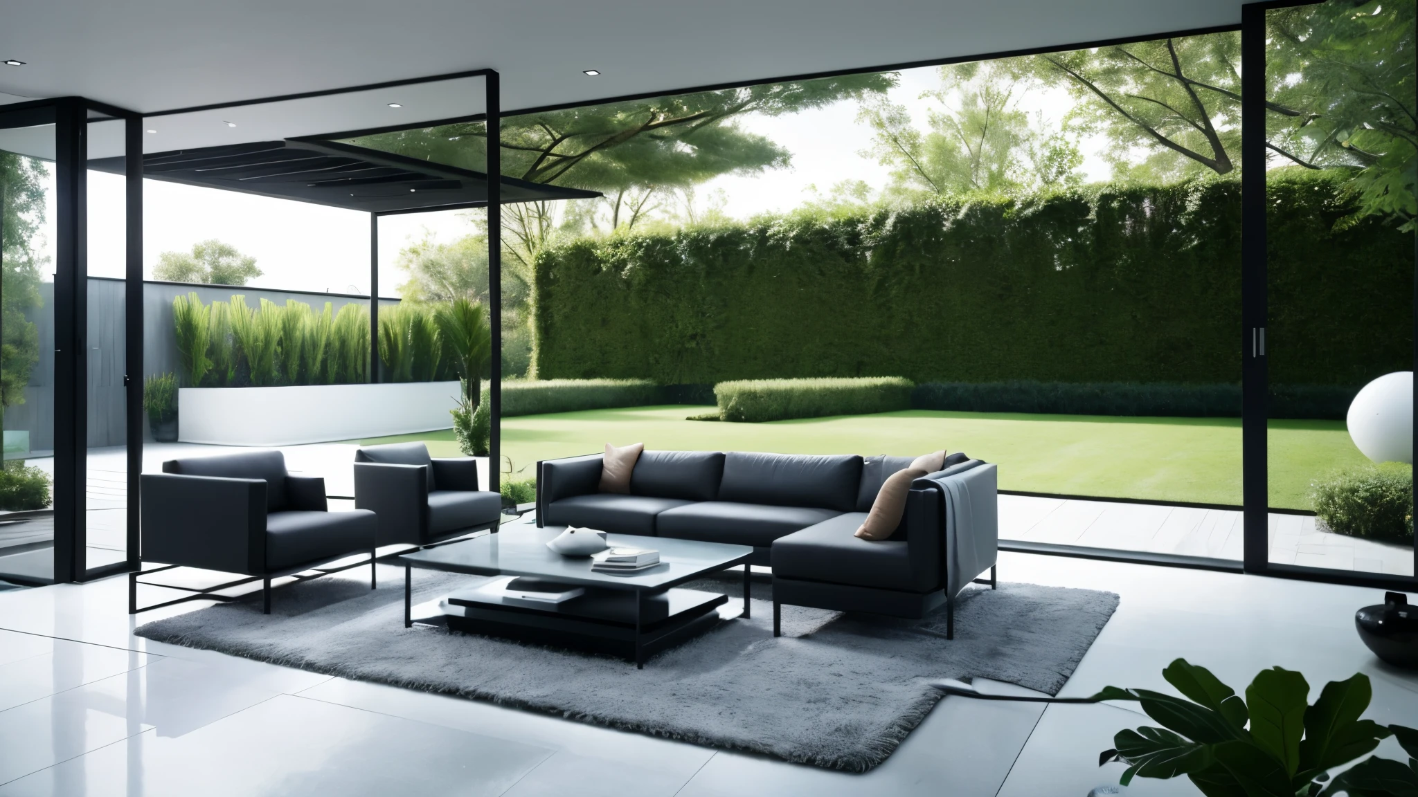 You are a famous interior designer、You have been asked to create a 3D image of a modern large room. Create a harmonious environment with modern and minimalist furniture. Including garden interior.
