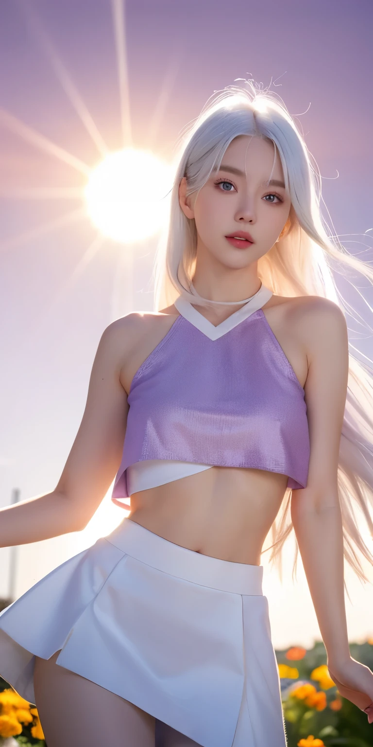 actual, 1 girl, white hair, purple eyes, glowing eyes, crop top, skirt, open, blush, night, flowers, sun, sunlight,