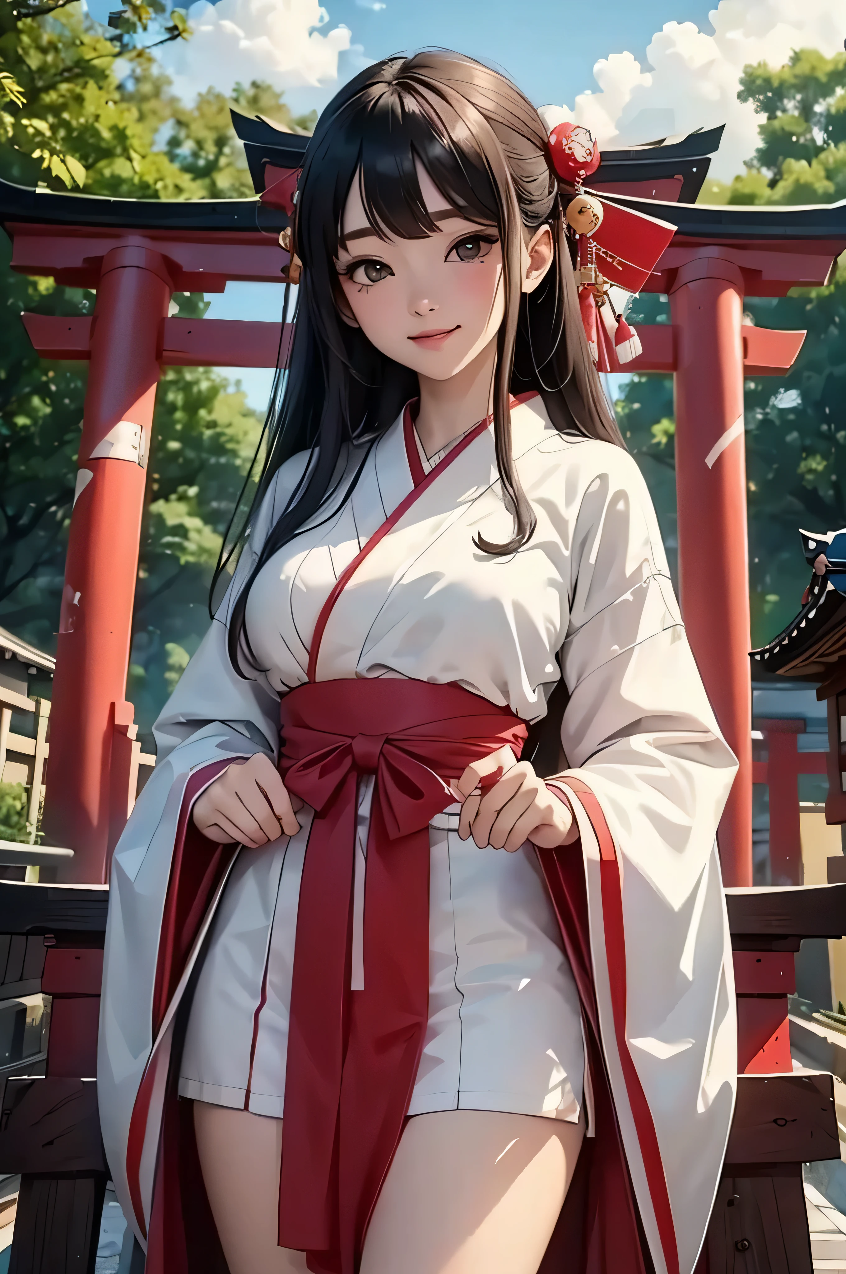 RAW image quality、8K resolution、highest quality、pieces fly、(Japanese beauty、shrine maiden、25 years old、Beautiful woman:1.5、cute:2、beautiful、G cup)、(cloudy、big、torii)、(smile、slightly red cheeks)、shrine