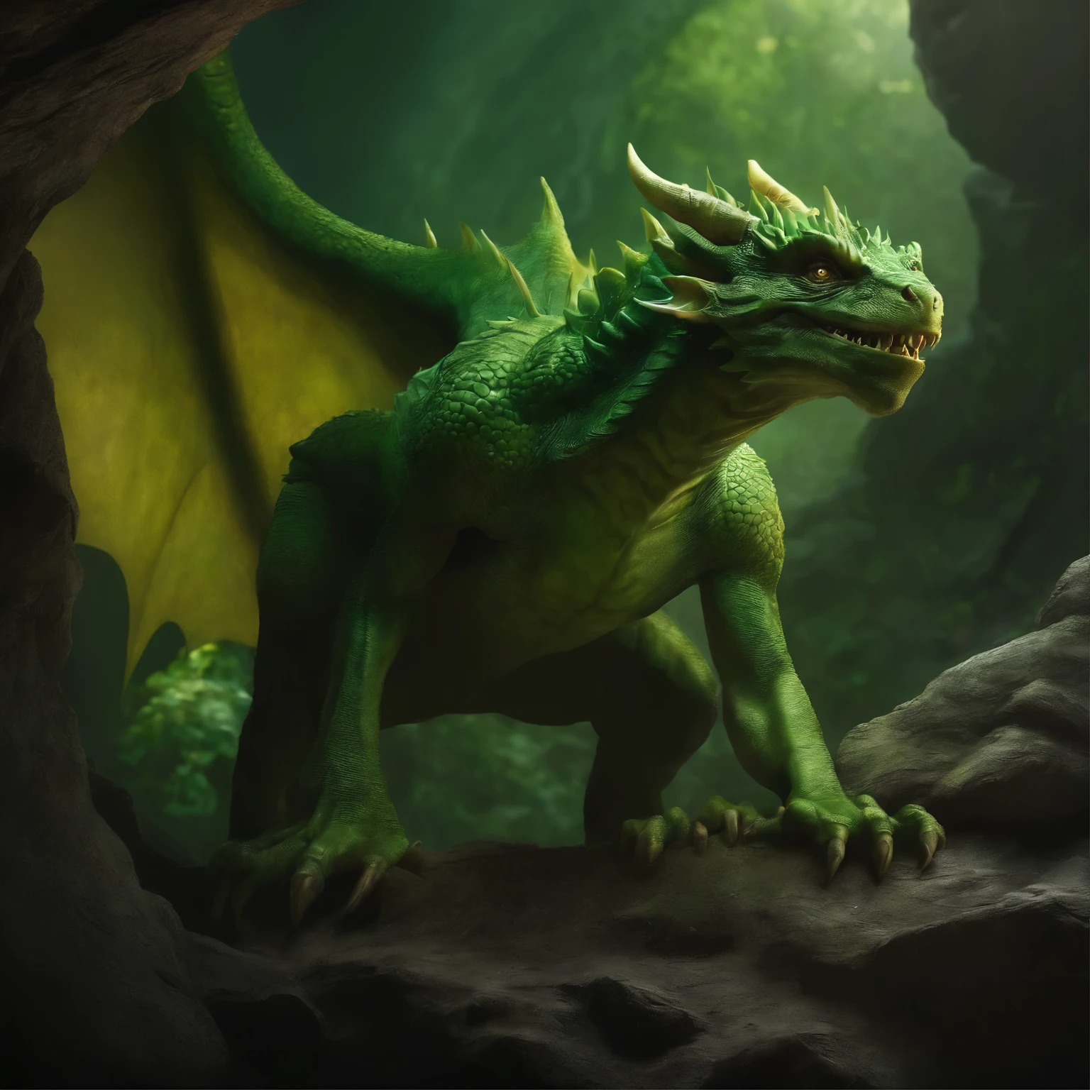 In the cave，Small male goblins, goblin in the form of a huge green dragon