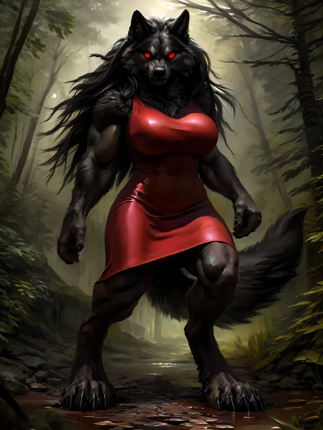 ((glowing red eyes)), (angry), (big eyes), Throw, hairy, black Wolf, werewolf, hairy woman, ((black body)), ((Wolf's foot)), (Black mane), black hair, (whole body), (flowing hair), ((There are no students)), (glowing red eyes), (Provocation), (looking at the audience), ((Stamdig)), (crazy eyes), (1 tail), ((muscular)), (biceps muscle mass), (wide waist), (broad shoulders), ((Thick thighig breasts), (charming), (((tight dress))), ((perfect body curves)), ((red dress)), ((short skirt)), ((angry)), ((very long hair)), ((mental control)), (Obsessed), (Dominant), alone, woman, Thief Tojo, minus, chunie, black gem, Humanity, ((Detailed face)), (the dark forest), ((red theme)), ((horrorcore)), (Black Vine), (Black mud), (slime), (Ruins lack pelts), Detailed realistic painting, (Super detailed), Detailed background, digital level, very detailed, depth of field, Unreal Engine, (masterpiece), (anatomically correct), Detailed hands, Detailed face, expressive, epic setting,