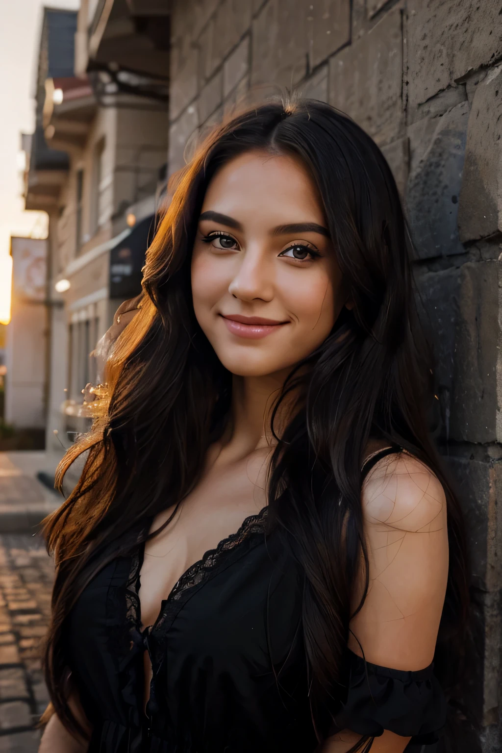 girl,facial expression,smiling,eyes,lips,beautiful,detailed,long hair,black roses,dress,fully covered,front view,sunset,backlight,realistic,pencil style
