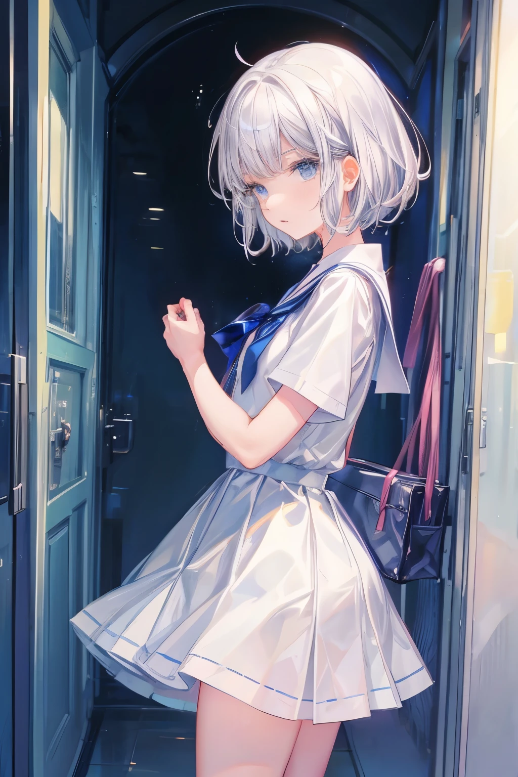 表情自然的,1 girl,younger sister,(white) short hair,blue eyes,school uniforms, super cute,(introvert ),(small breast)