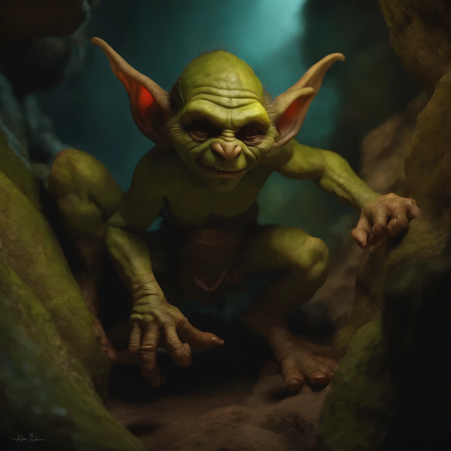 In the cave，Small male goblins, goblin in the form of an ancient man