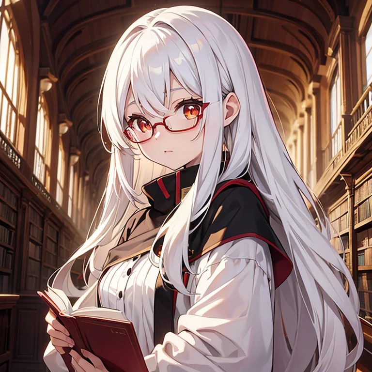 16-year-old girl,Upper body photo,long white hair,red pupils,golden-framed glasselack dresoonlight,library