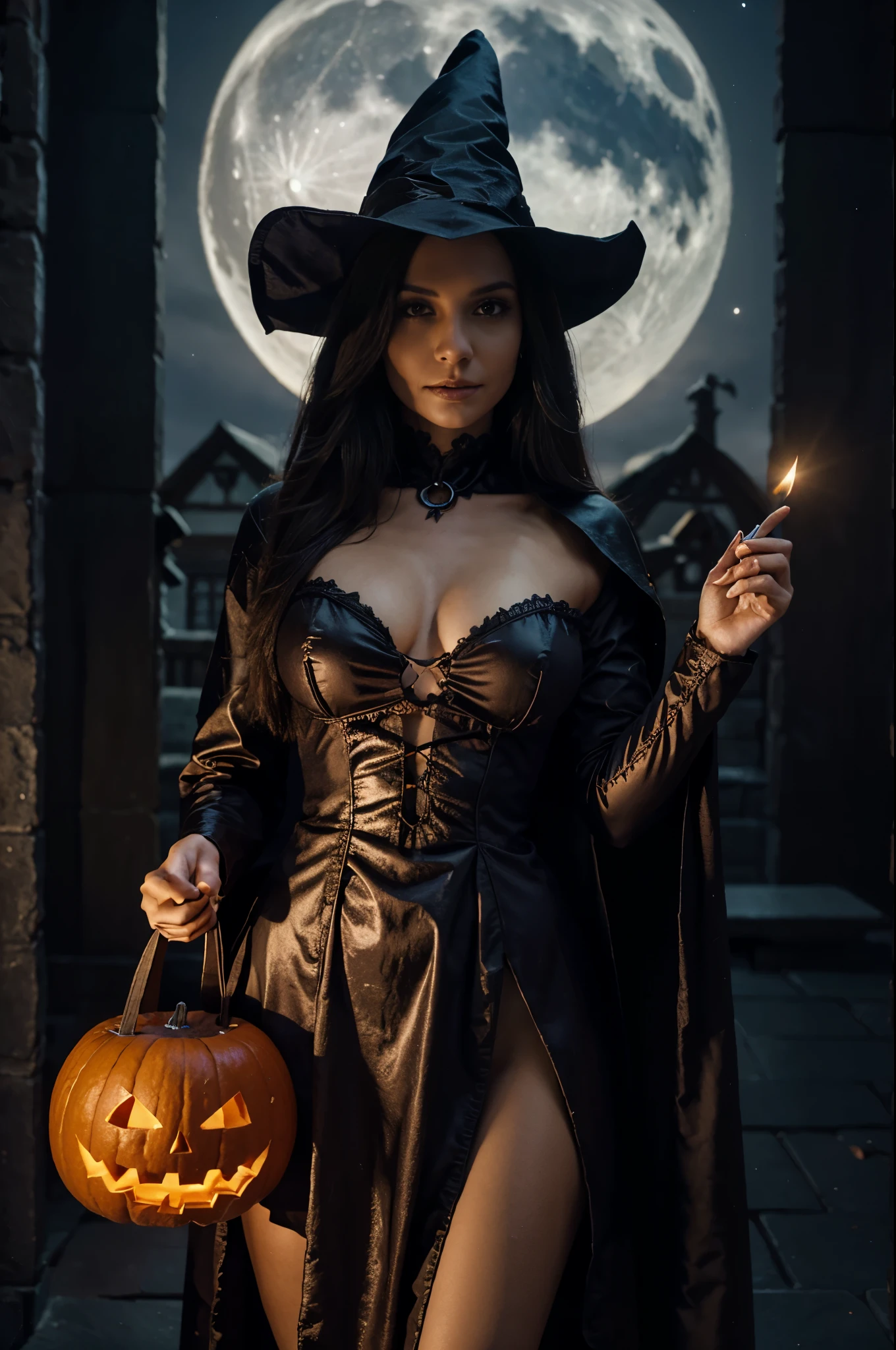 a beautiful woman, wearing wizard suit, halloween ambiance, masterpiece, best quality, high quality, extremely detailed, Halloween, moonlit night, holding a jack-o-lantern, anatomy correct,3d
