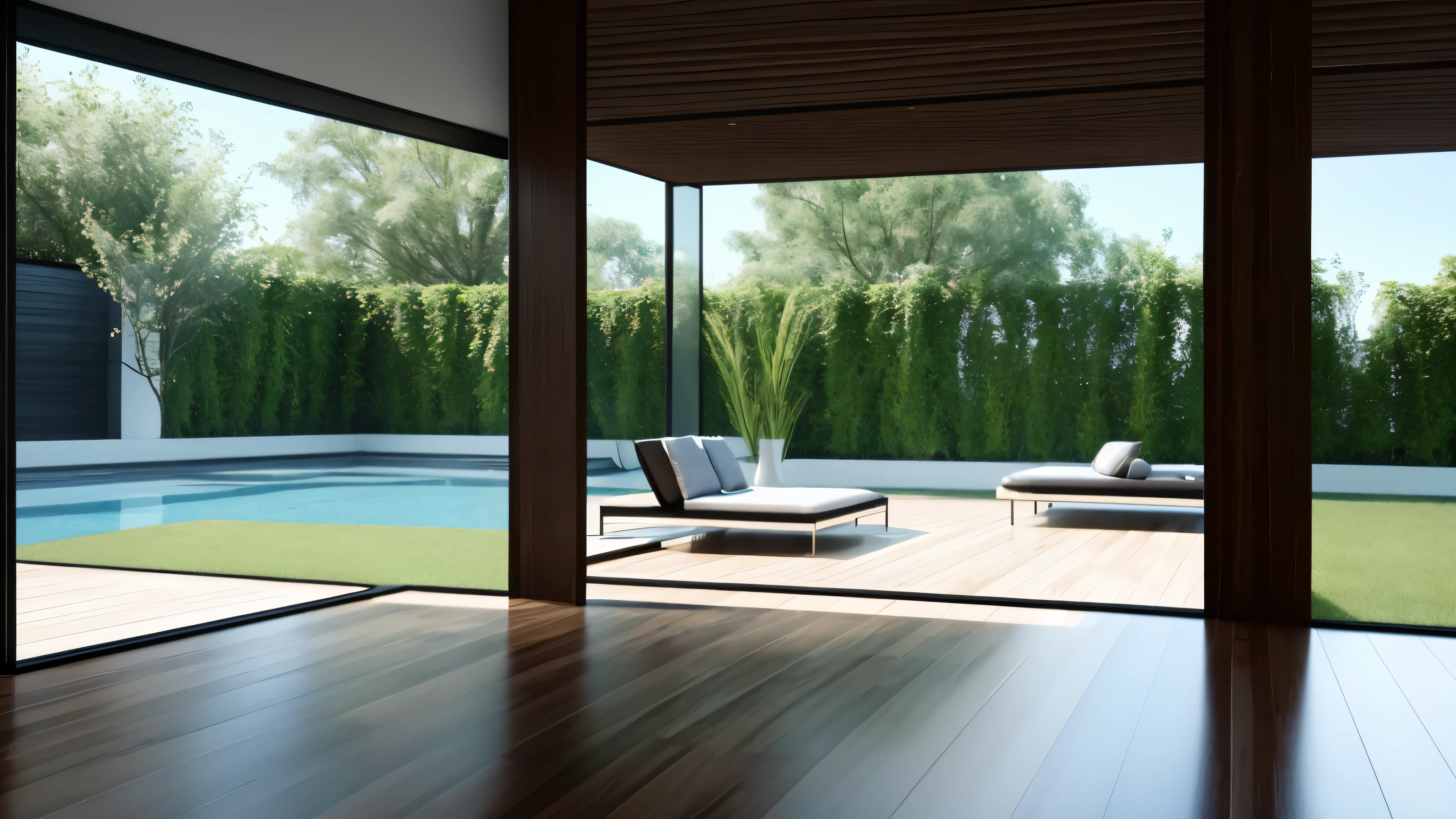 You are a famous interior designer、You have been asked to create a 3D image of a modern large room. Create a harmonious environment with modern and minimalist furniture. Including garden interior.